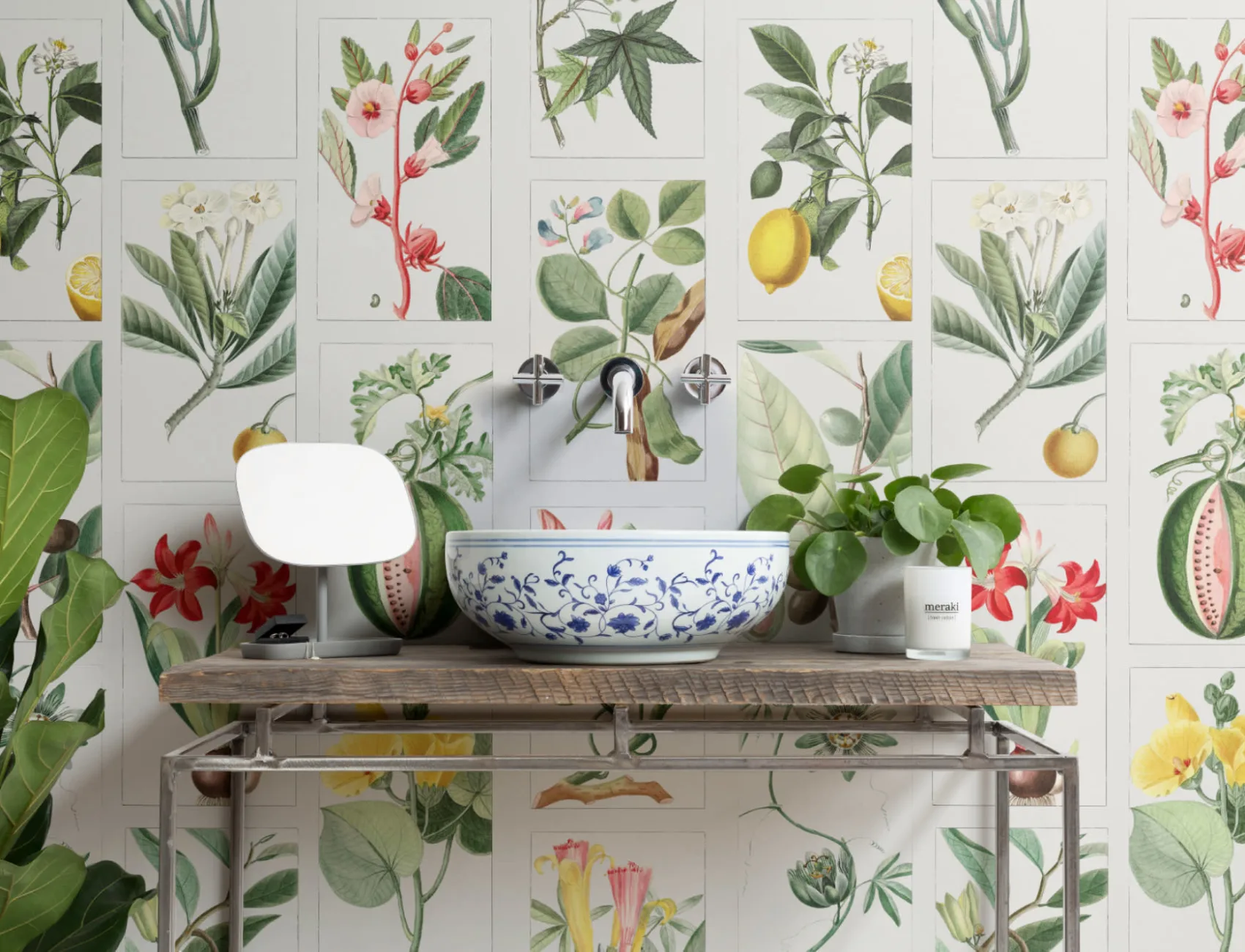 Botanical Fruits and Flowers Tile Pattern Wall Mural