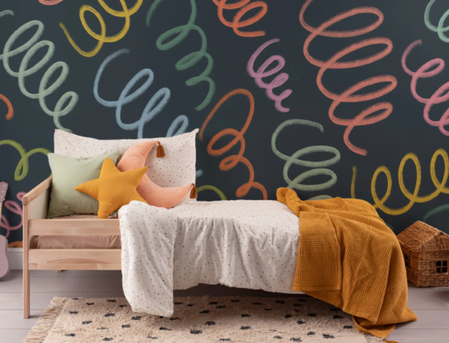 Multicolor Spring Style Squiggles Blue Wall Mural