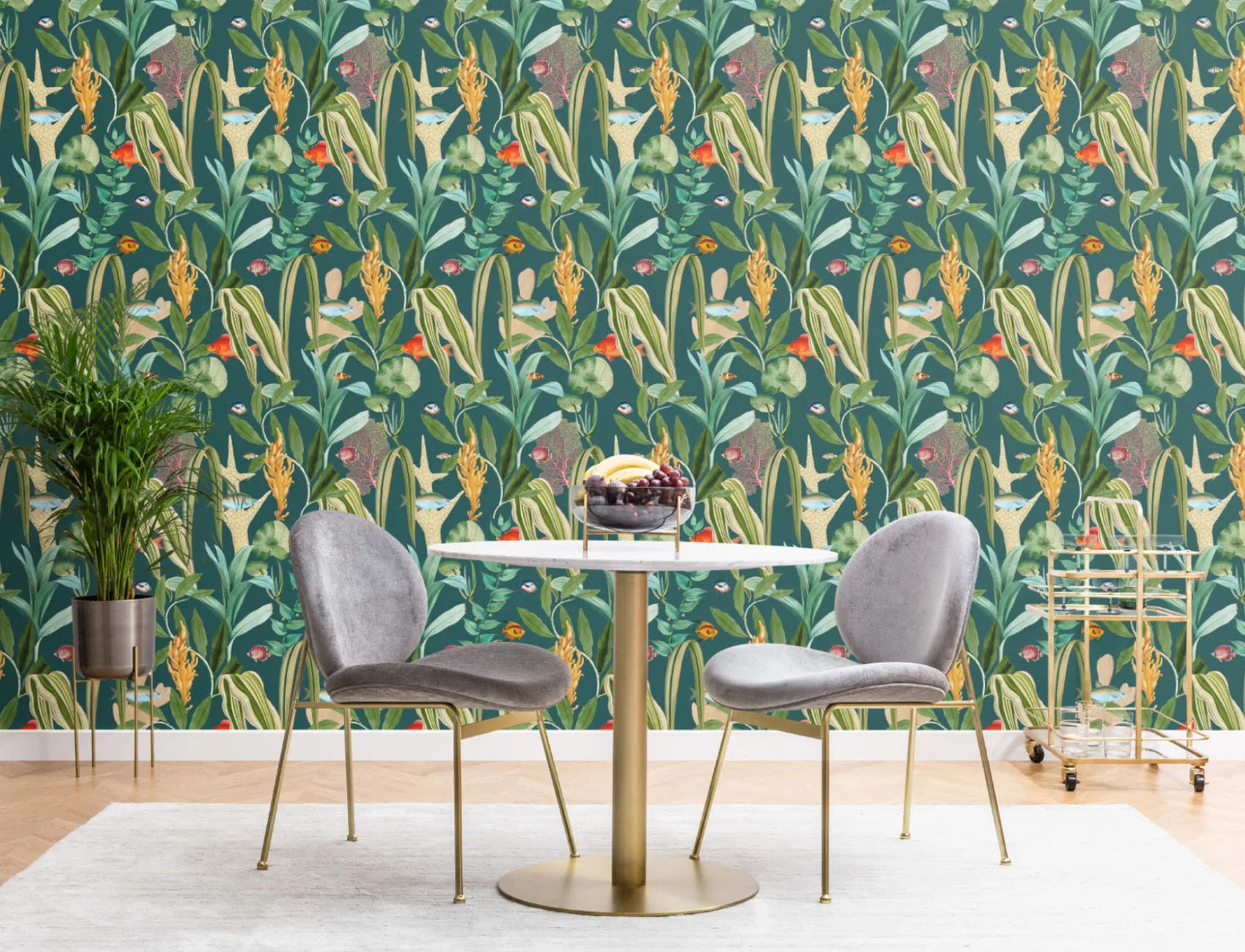 Teal Fish & Plants Coastal Wallpaper