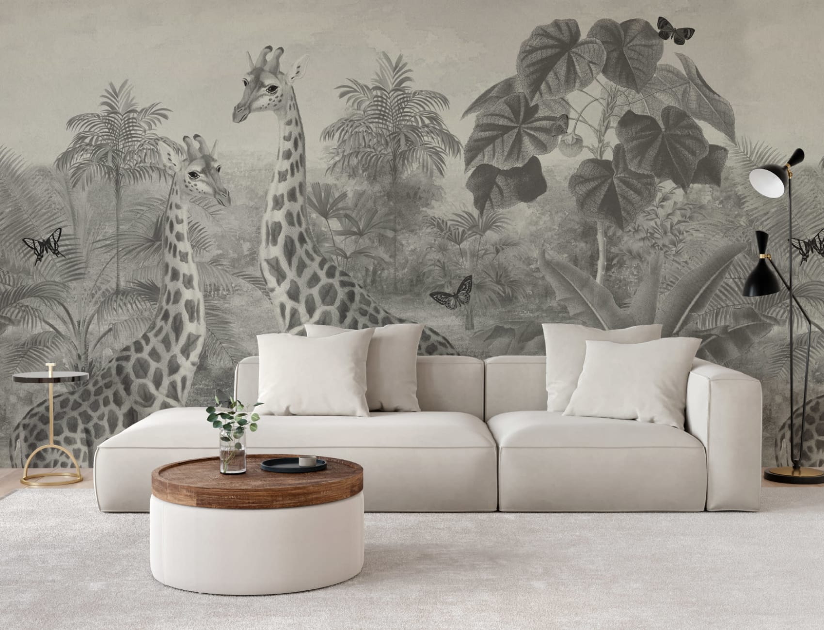 Murală cu ilustrație cu girafe tropicale de epocă gri