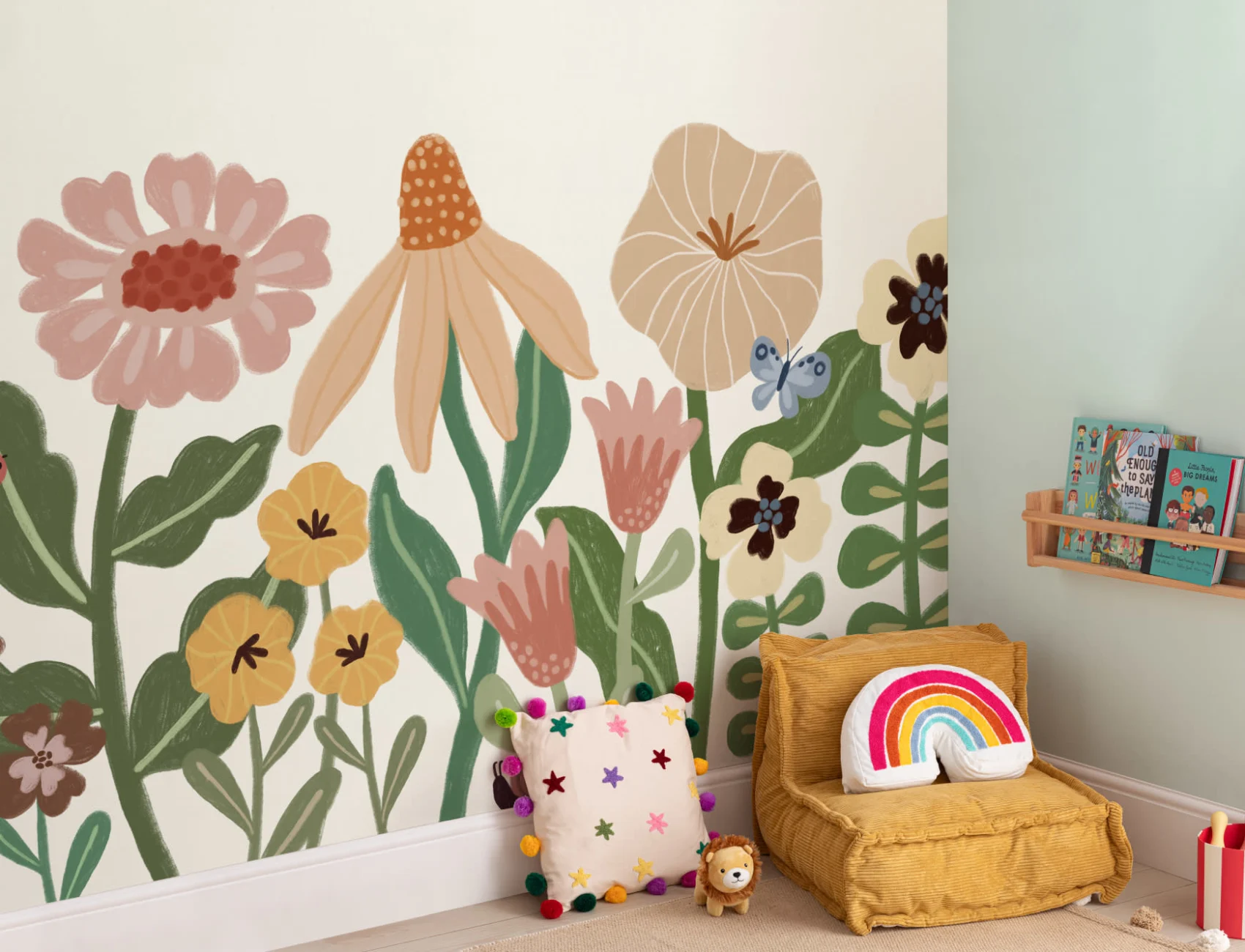 Mural de flores escandinavo retro para crianças em tons pastel