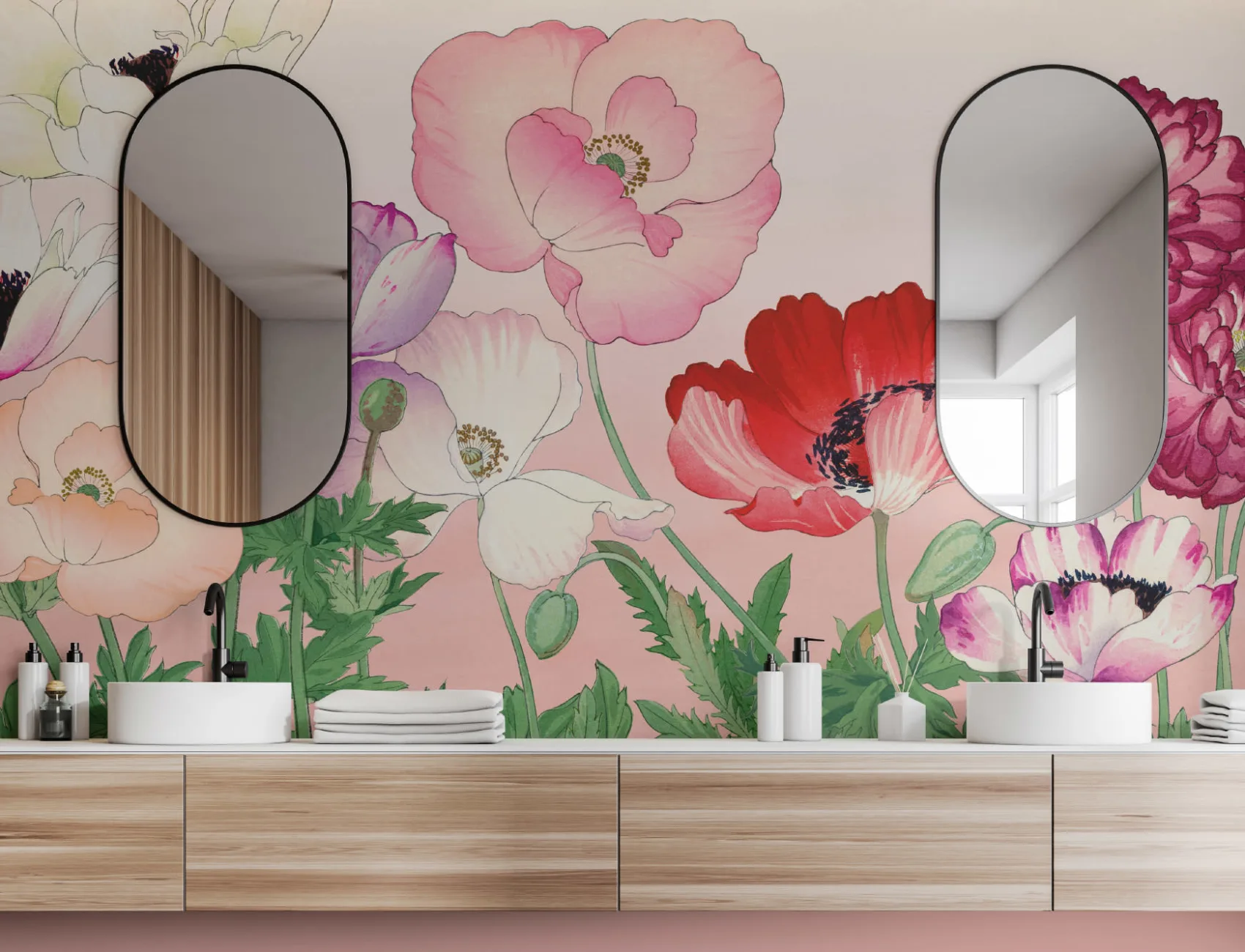 Pink Poppy Japanese Watercolor Floral Mural