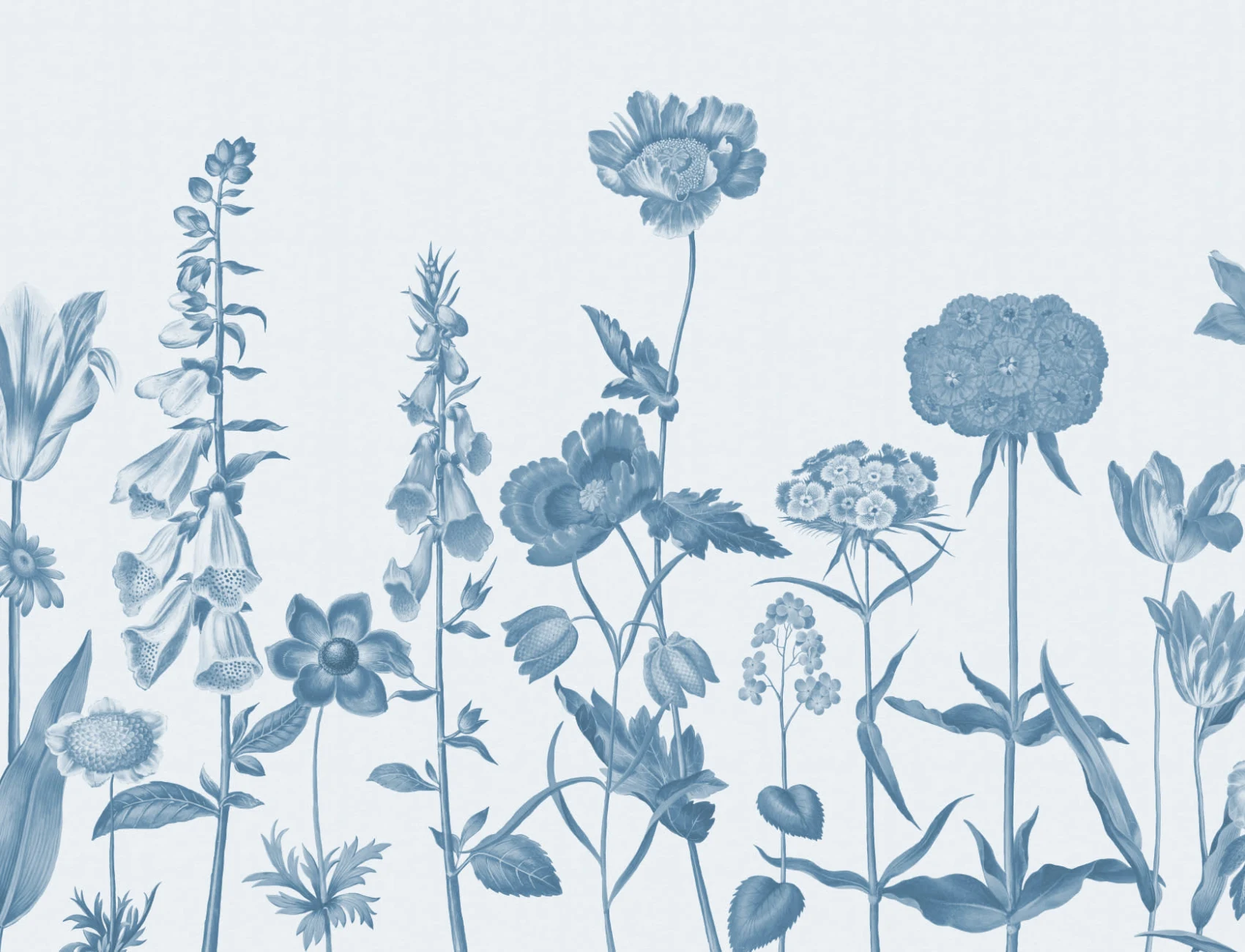 Blauw geïllustreerde muurschildering van wilde bloemen