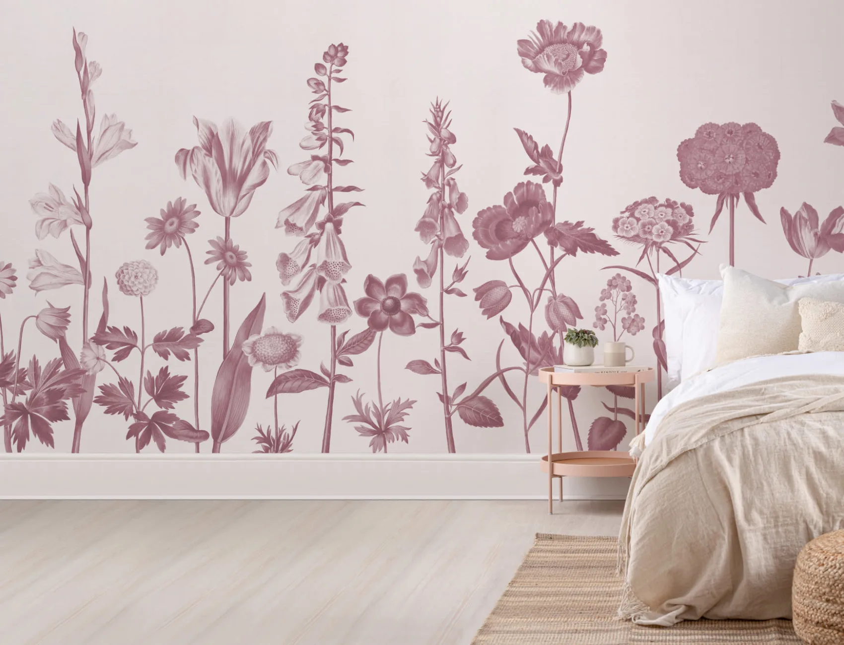 Roz ilustrat flori sălbatice Mural