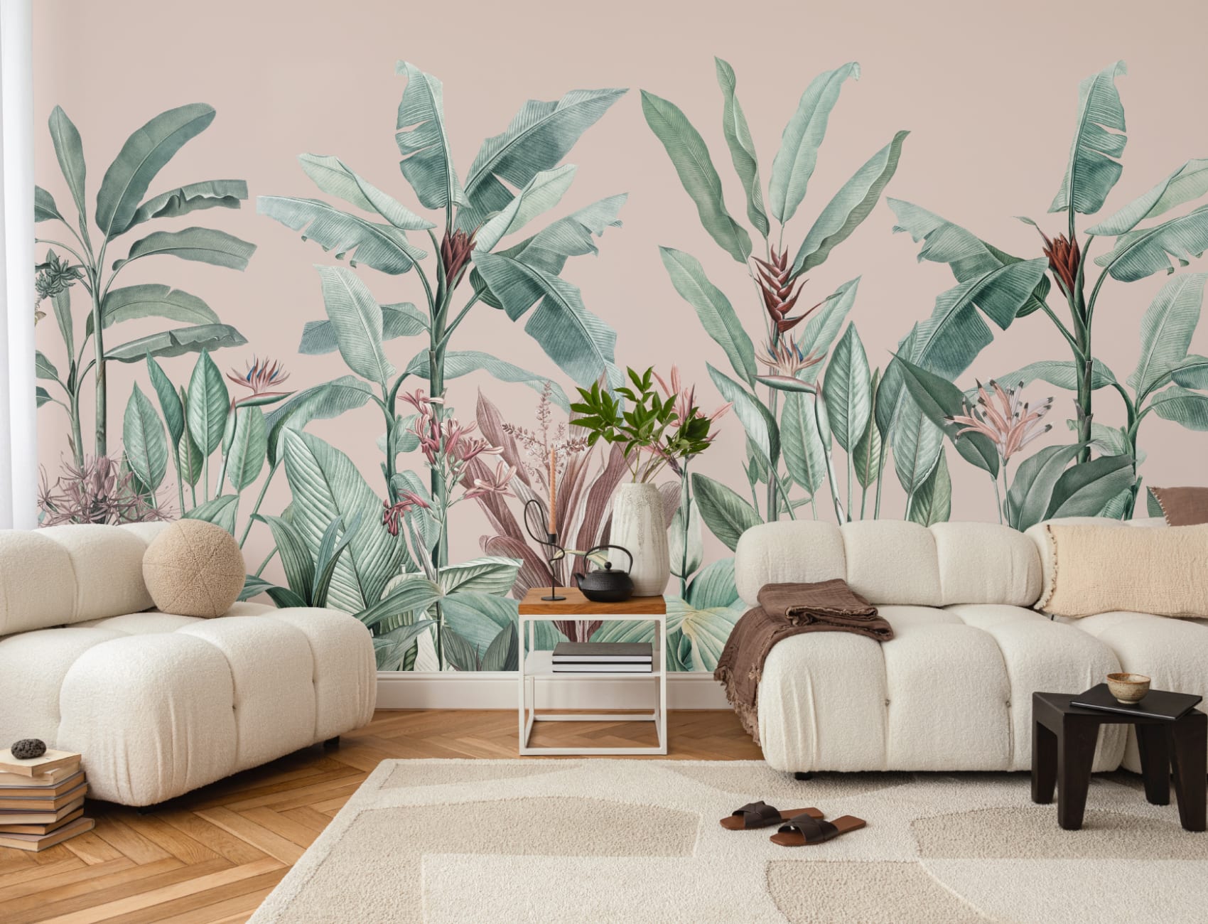 Pastel Pink & Green Vintage Tropical Wallpaper Mural