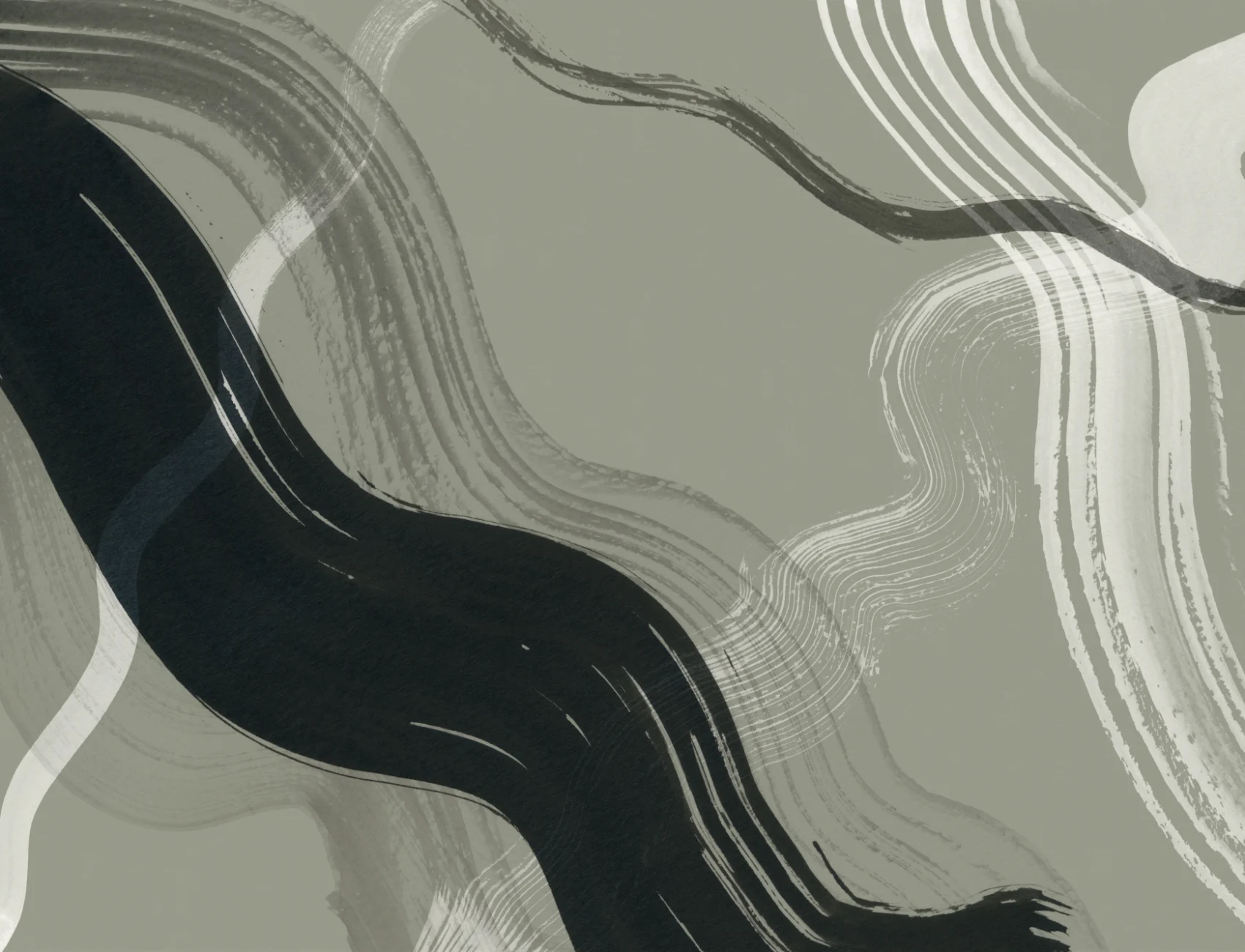 Dark Green Abstract Ink Brush Strokes Mural