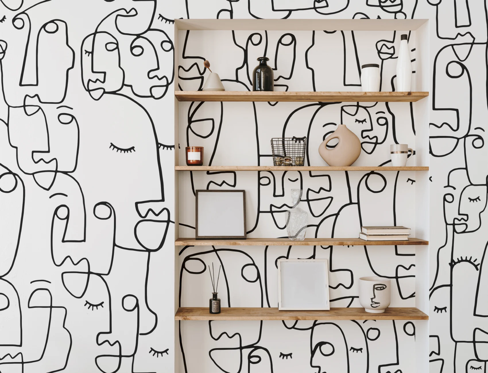 Mural de parede de desenho de linhas de rosto grande