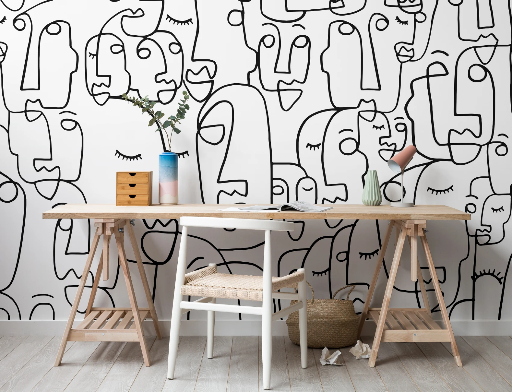 Mural de parede de desenho de linhas de rosto grande