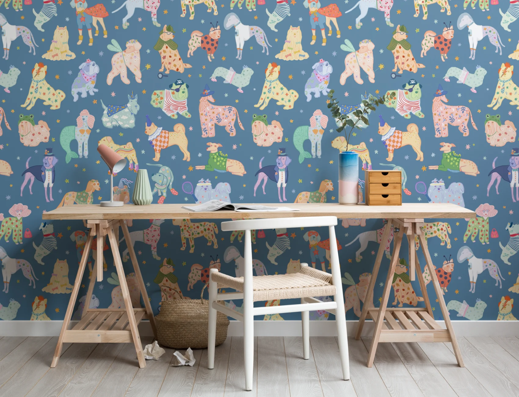 Mural dos cães azuis com fatos