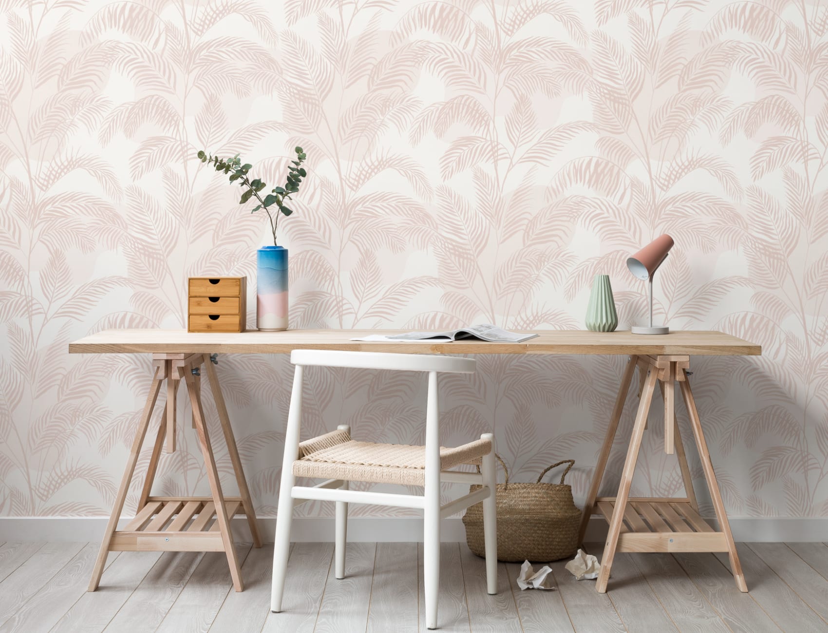 Pastel Pink Inky Tropical Pattern Wallpaper Mural
