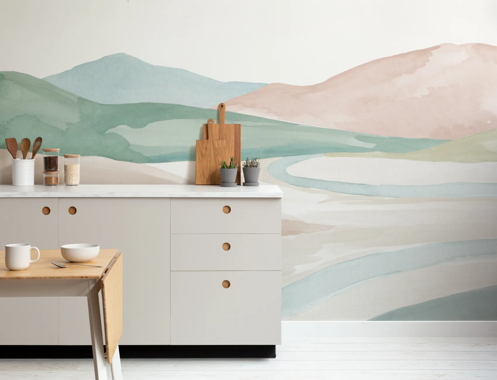 Pastel Watercolor Valley Landscape Mural