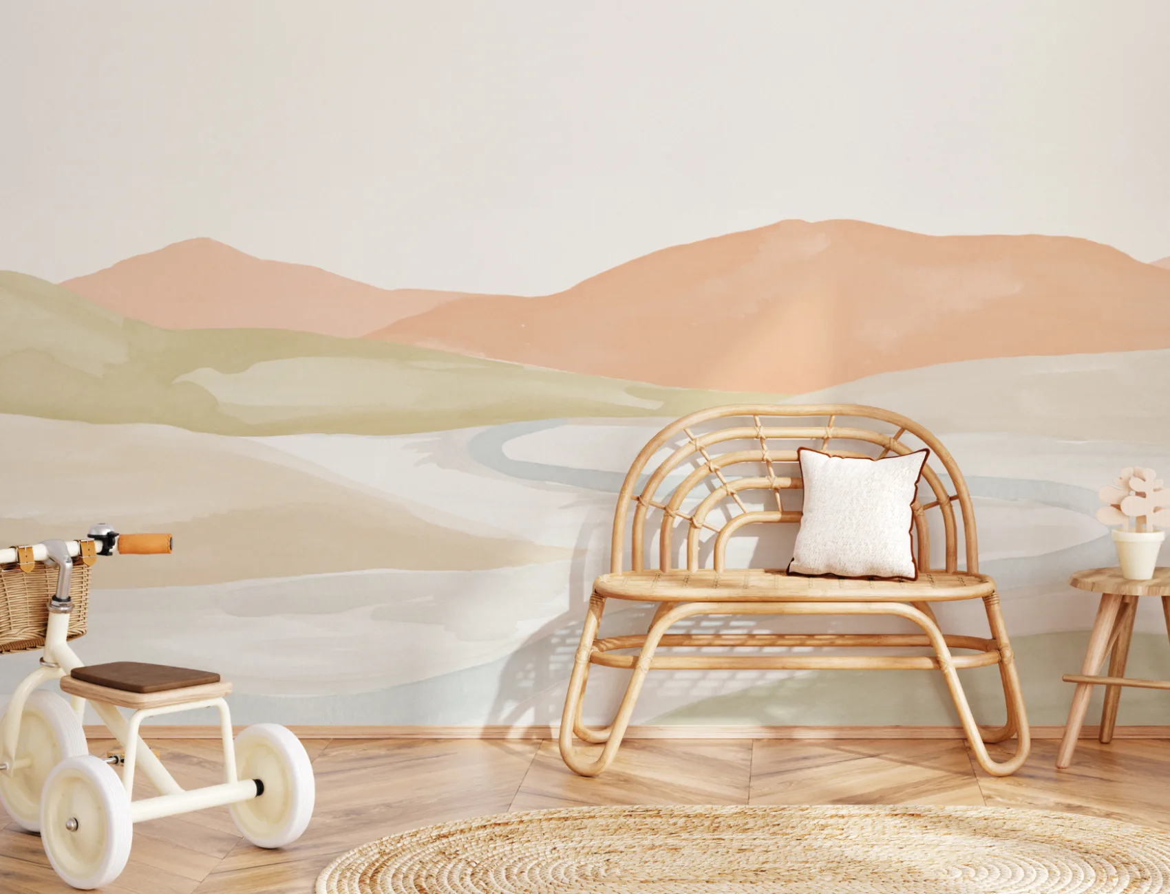 Orange Watercolor Valley Landscape Mural