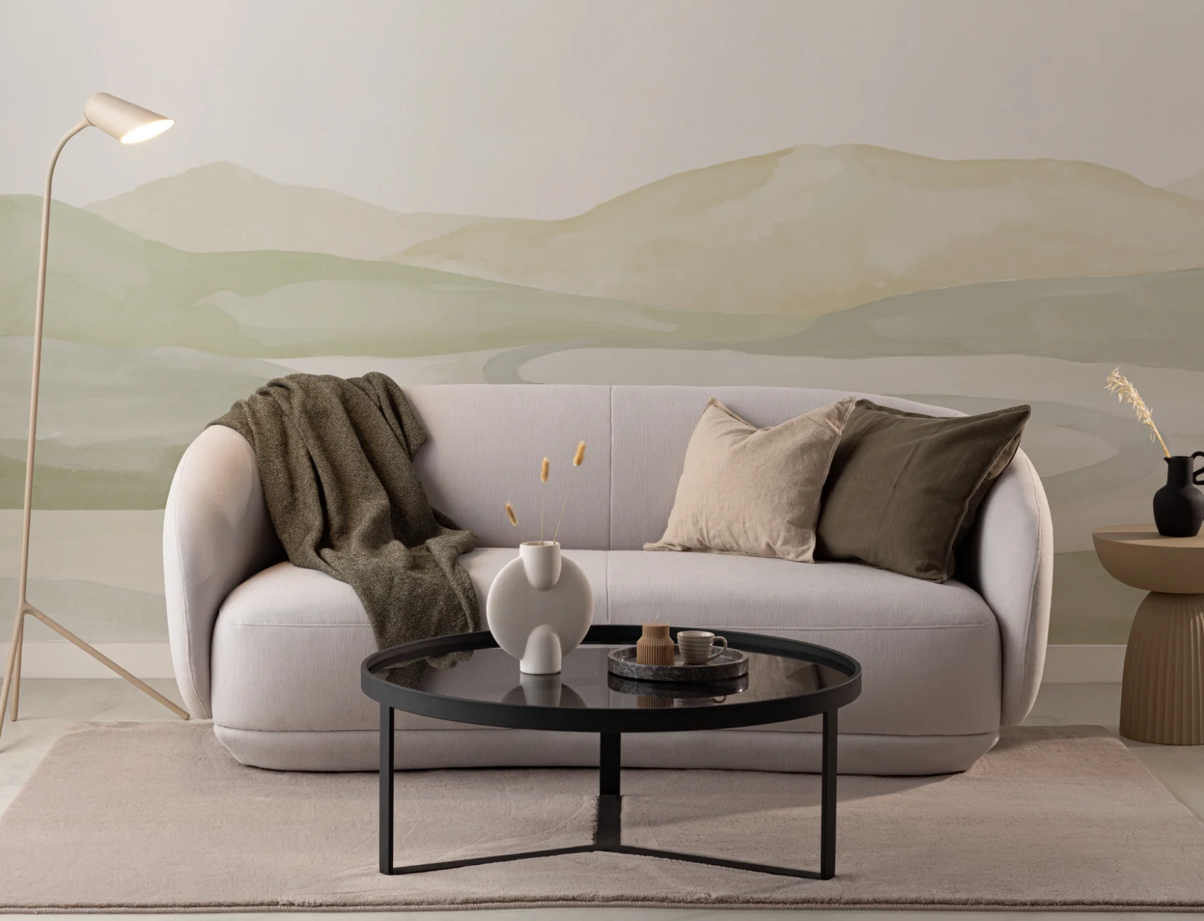Green Watercolor Valley Landscape Mural