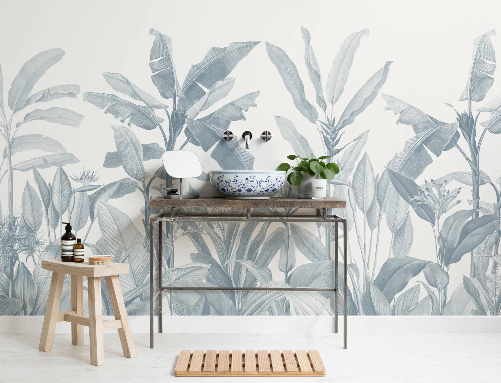 Blue Vintage Tropical Mural