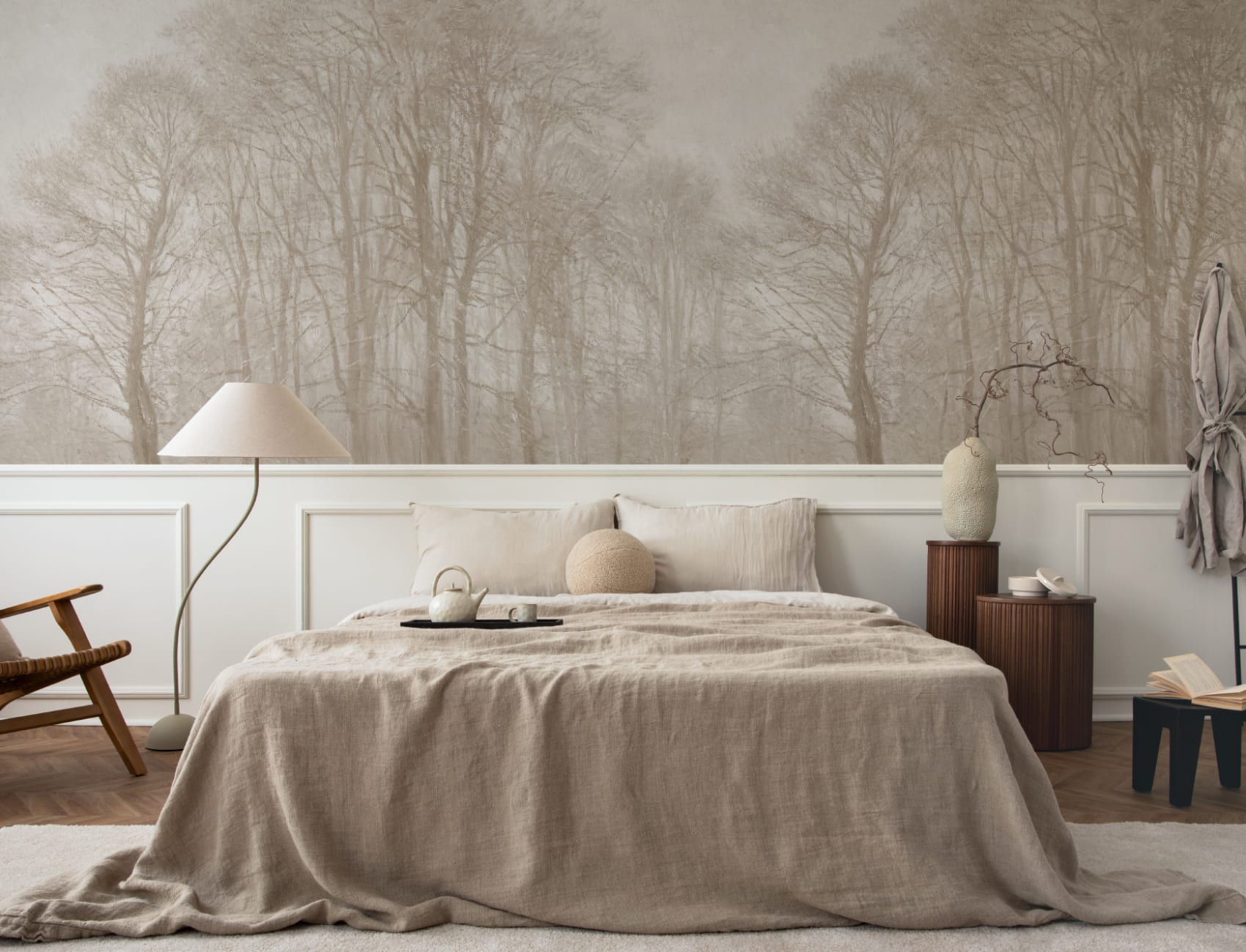 Beige Loosely Painted Forest Mural