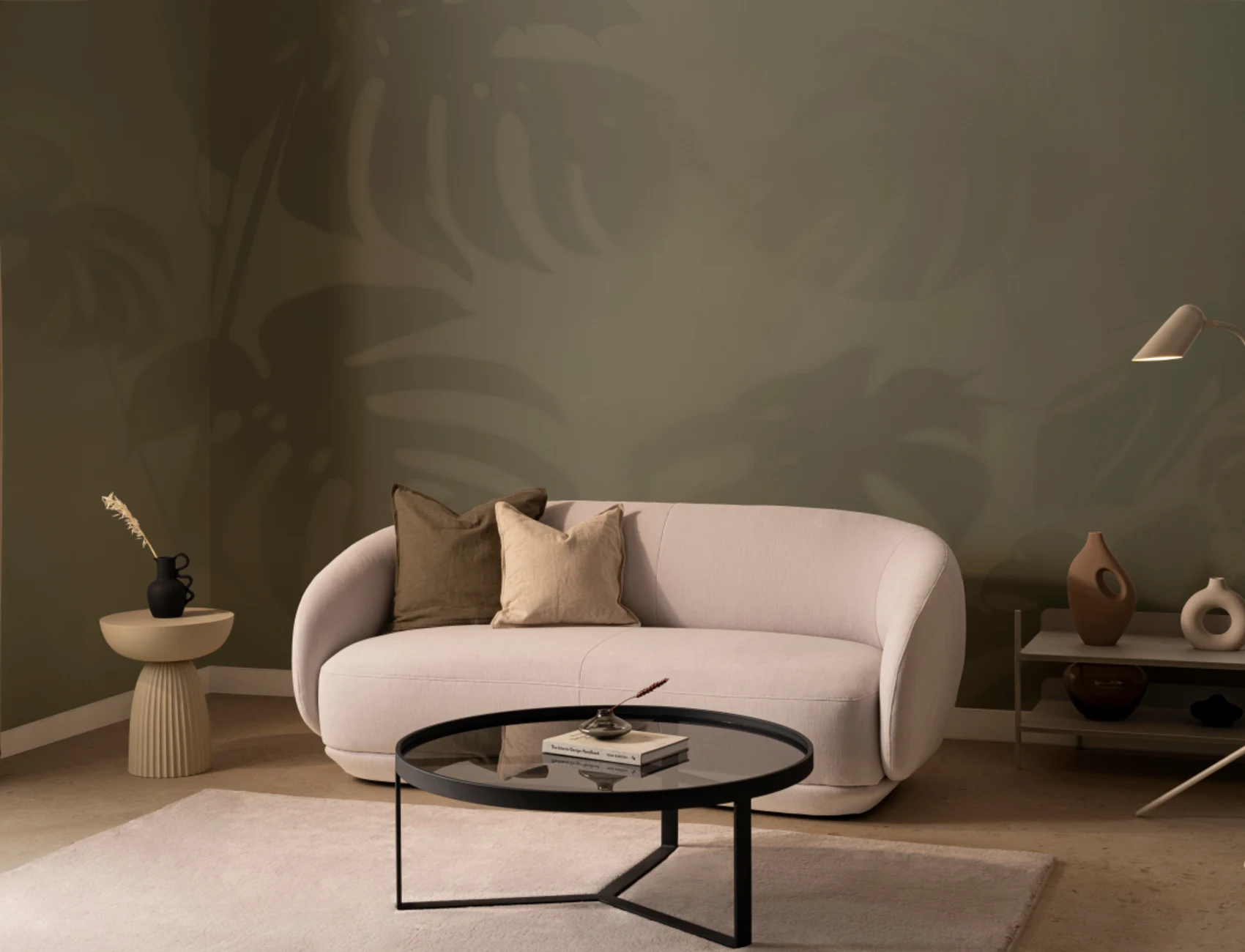 Green Monstera Leaf Shadow Mural