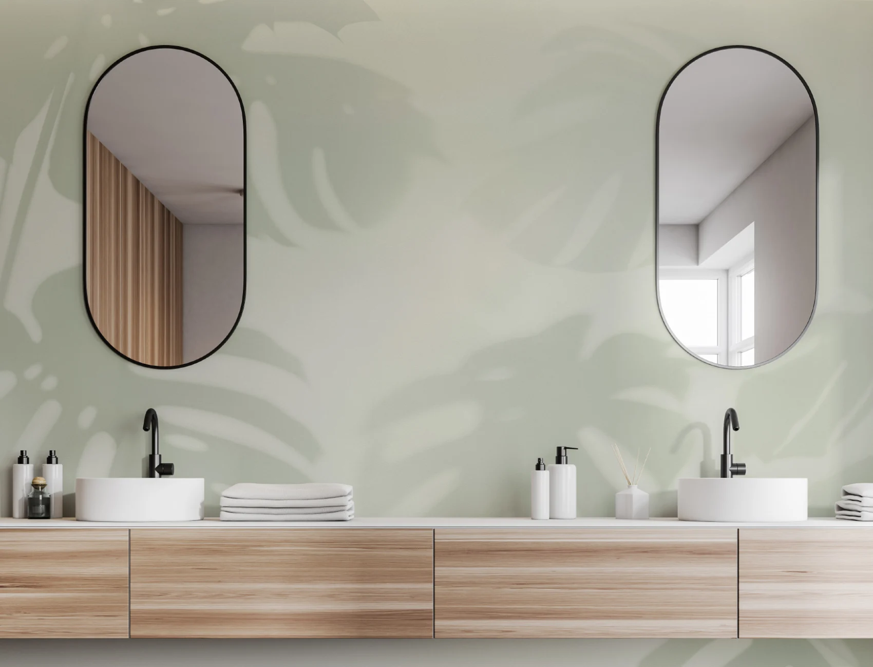 Sage Green Monstera Leaf Shadow Mural