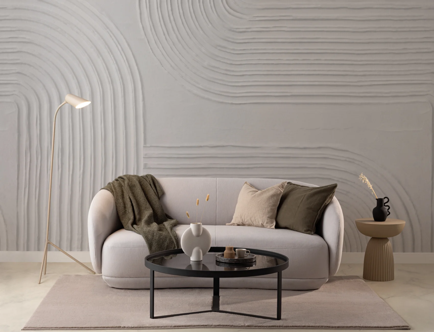 Neutral Sculpted Abstract Curved Lines Mural