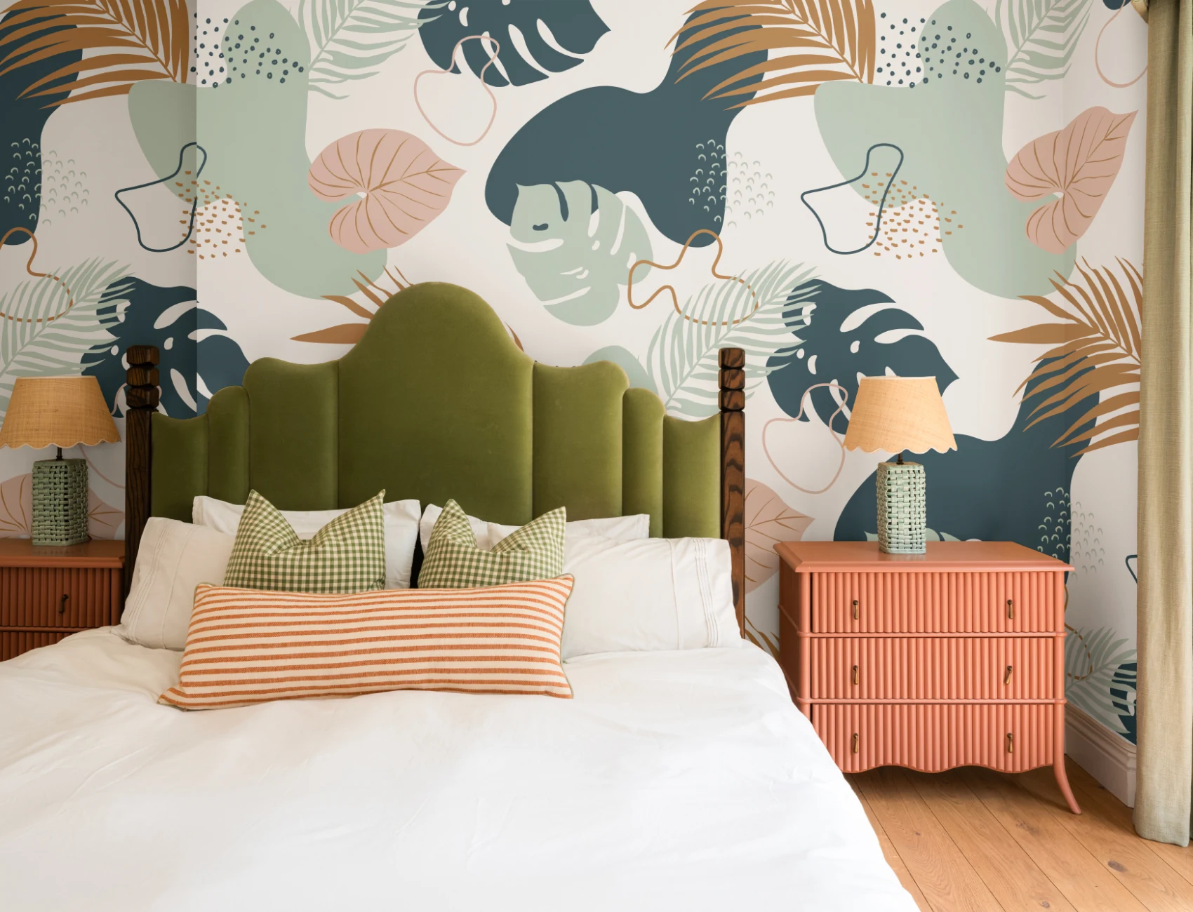 Modern Groen & Neutraal Tropisch Bladcollage Patroon Behang Muurschildering