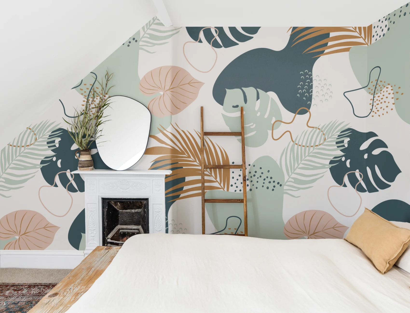 Modern Groen & Neutraal Tropisch Bladcollage Patroon Behang Muurschildering
