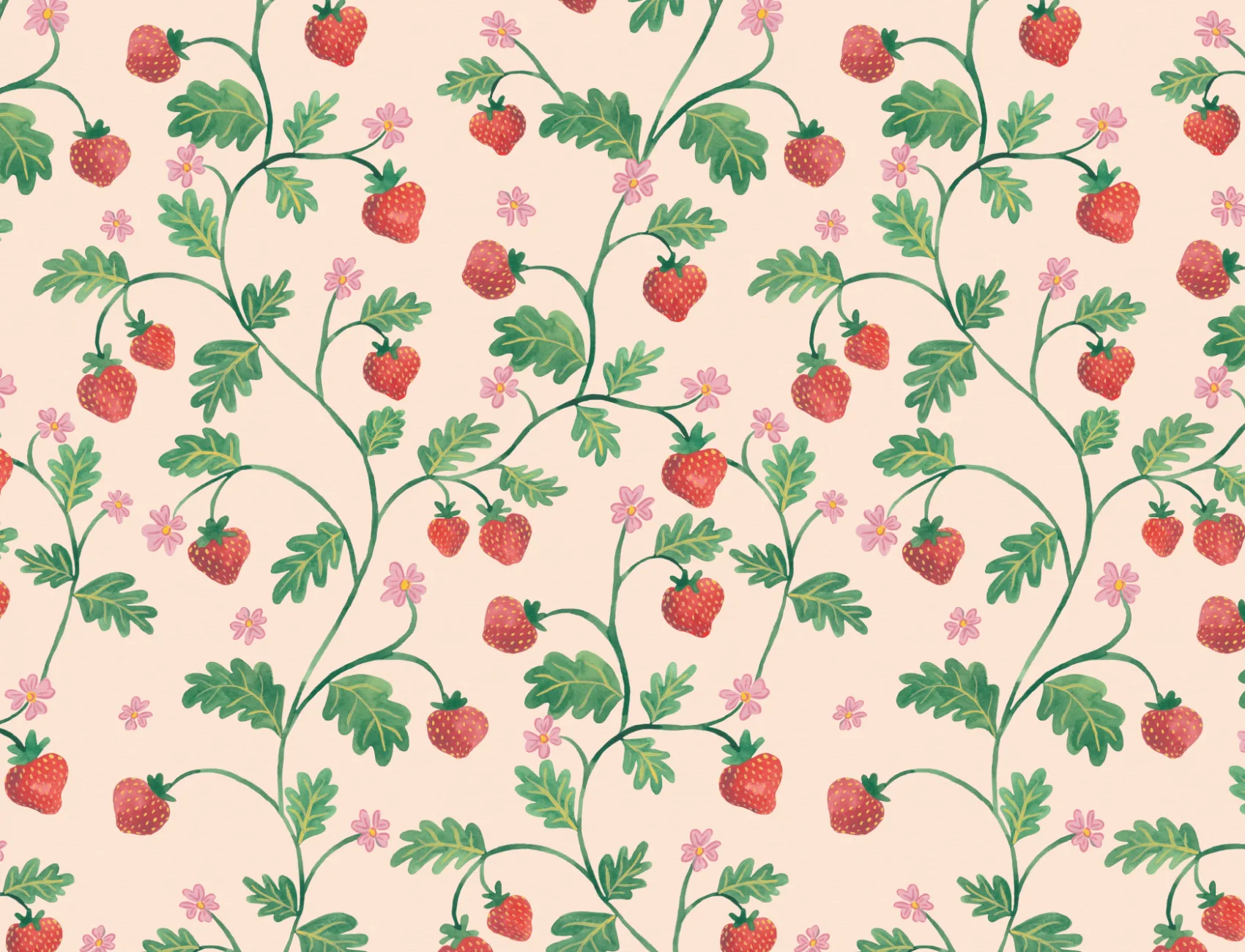 Papel de parede Beige Vintage Watercolor Strawberry & Foliage