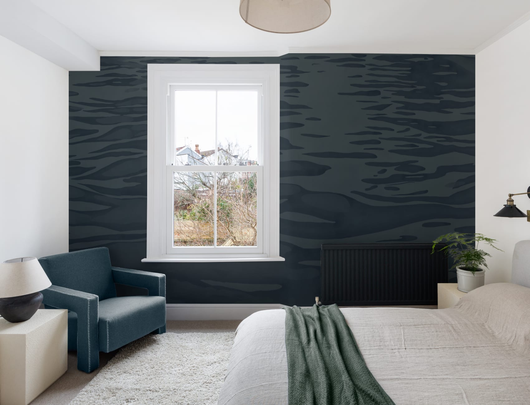 Marinblå handmålad vatten Ripple Mural-tapeter