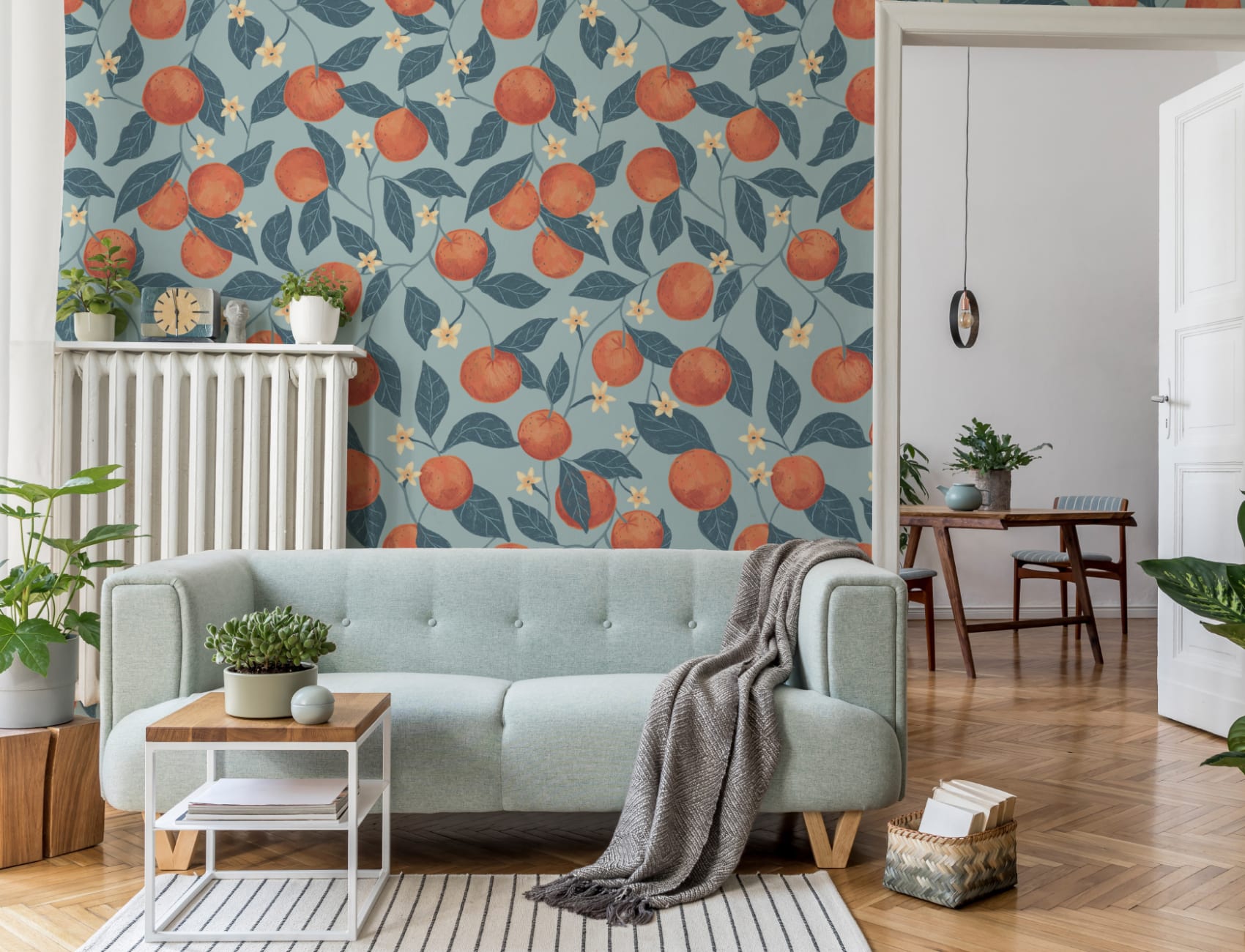 Blue Botanical Oranges Mural