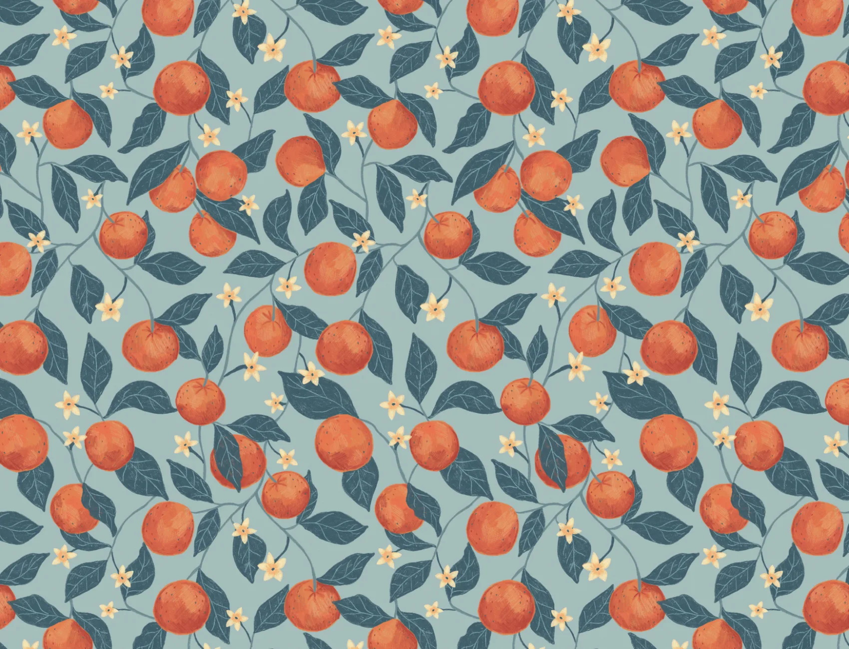 Blue Botanical Oranges Mural