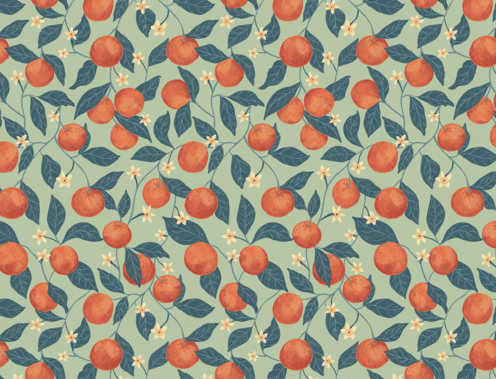 Green Botanical Oranges Mural