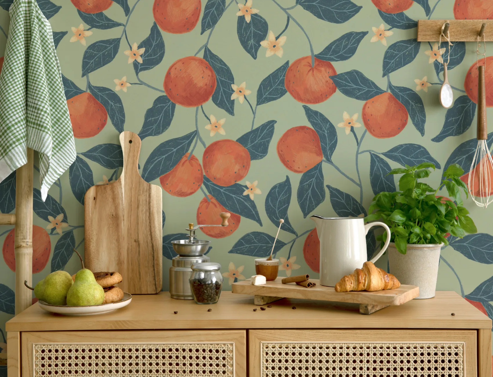 Green Botanical Oranges Mural