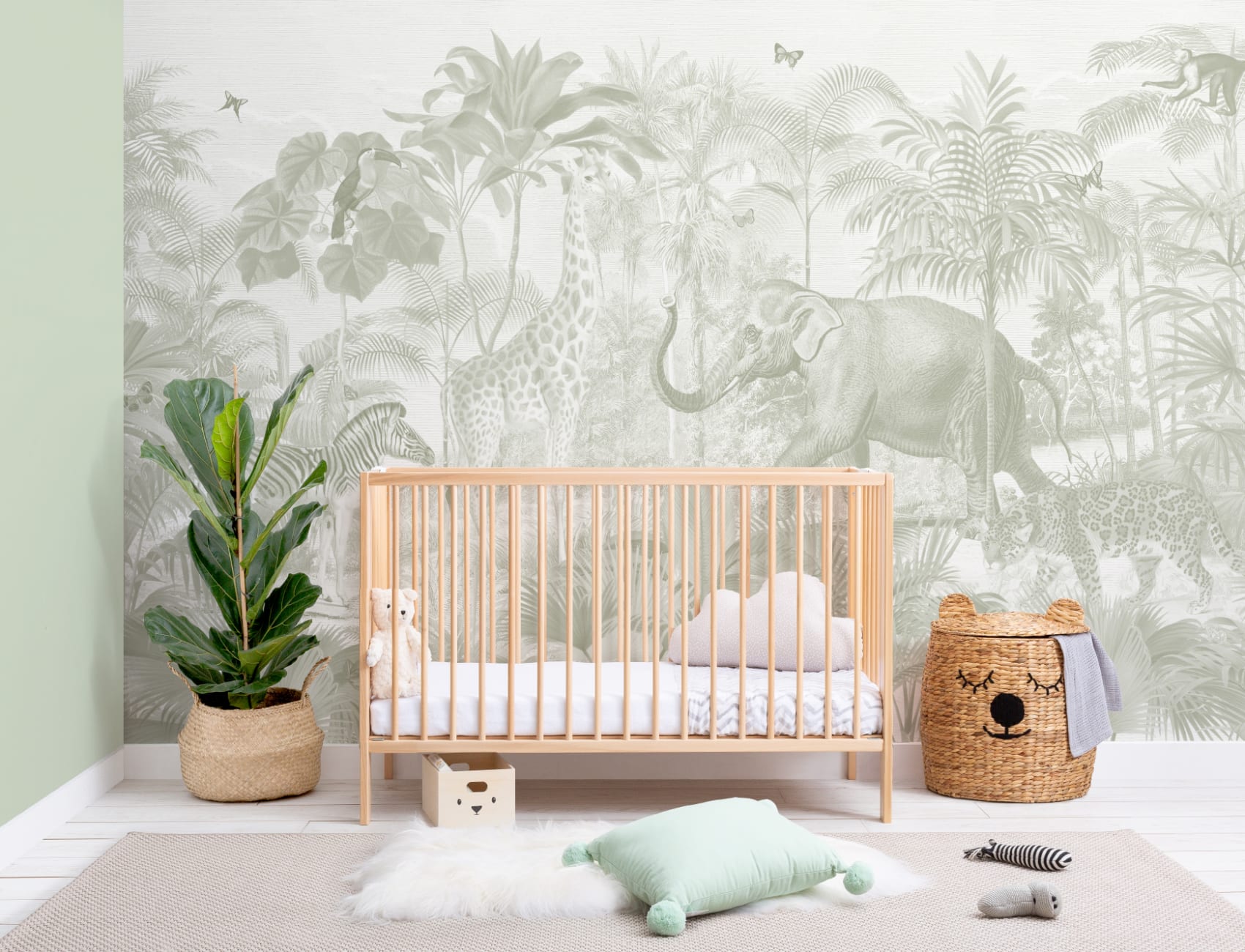 Green Asian Jungle Animals Watercolor Mural