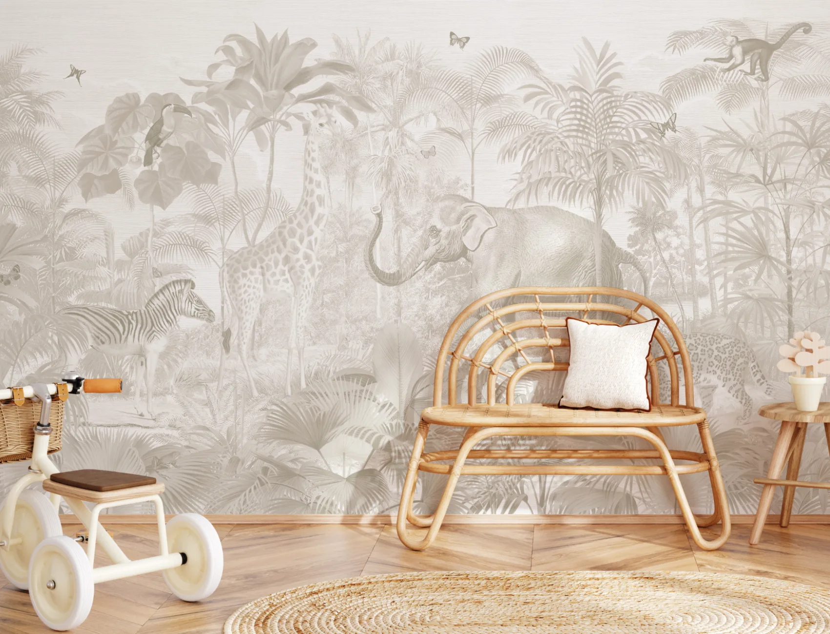 Neutral Asian Jungle Animals Watercolor Mural