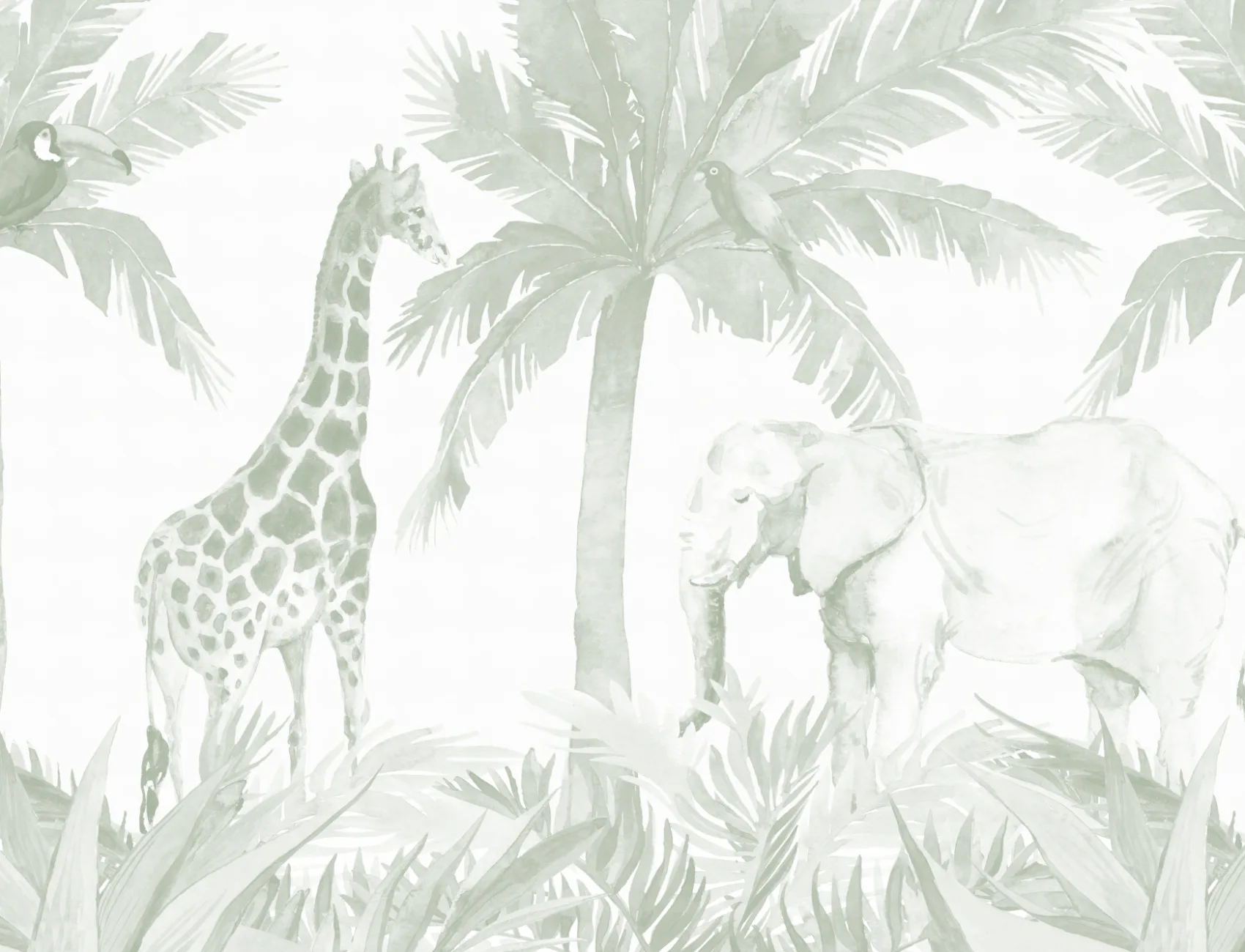 Mural de papel de parede do berçário da selva em aguarela verde