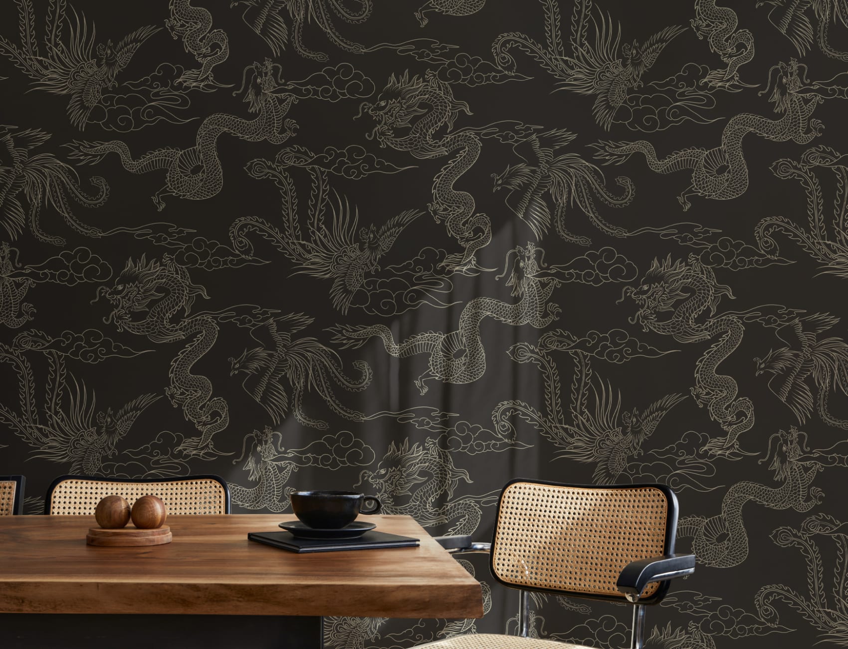 Dark Chinese Dragon and Phoenix Outline Wallpaper