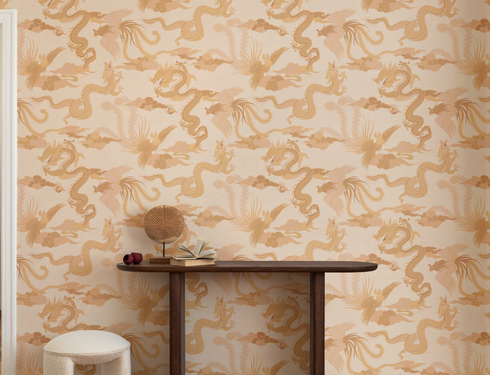 Papier peint or du dragon chinois et du phénix