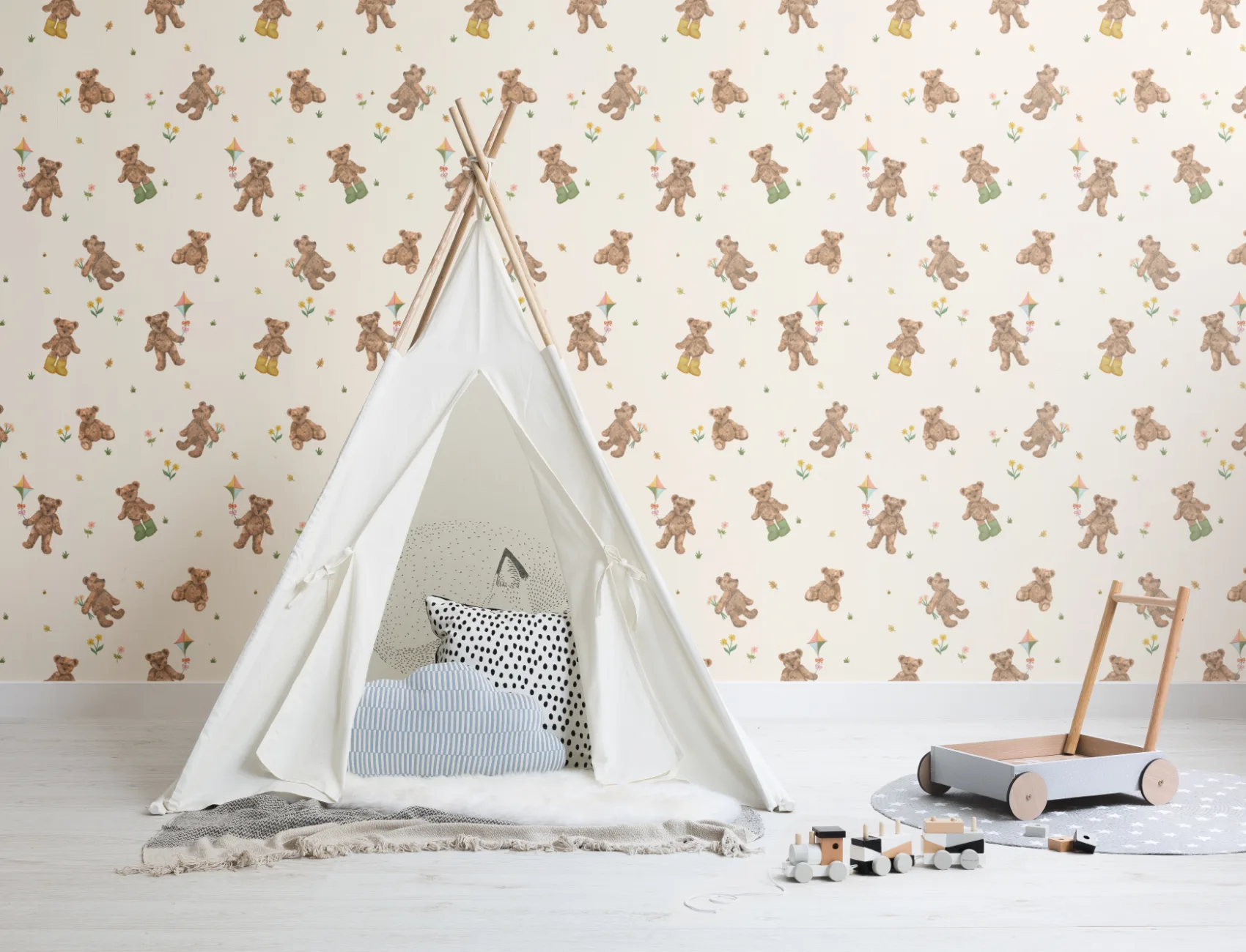 Beige Kids Cute Teddy Motif Wallpaper
