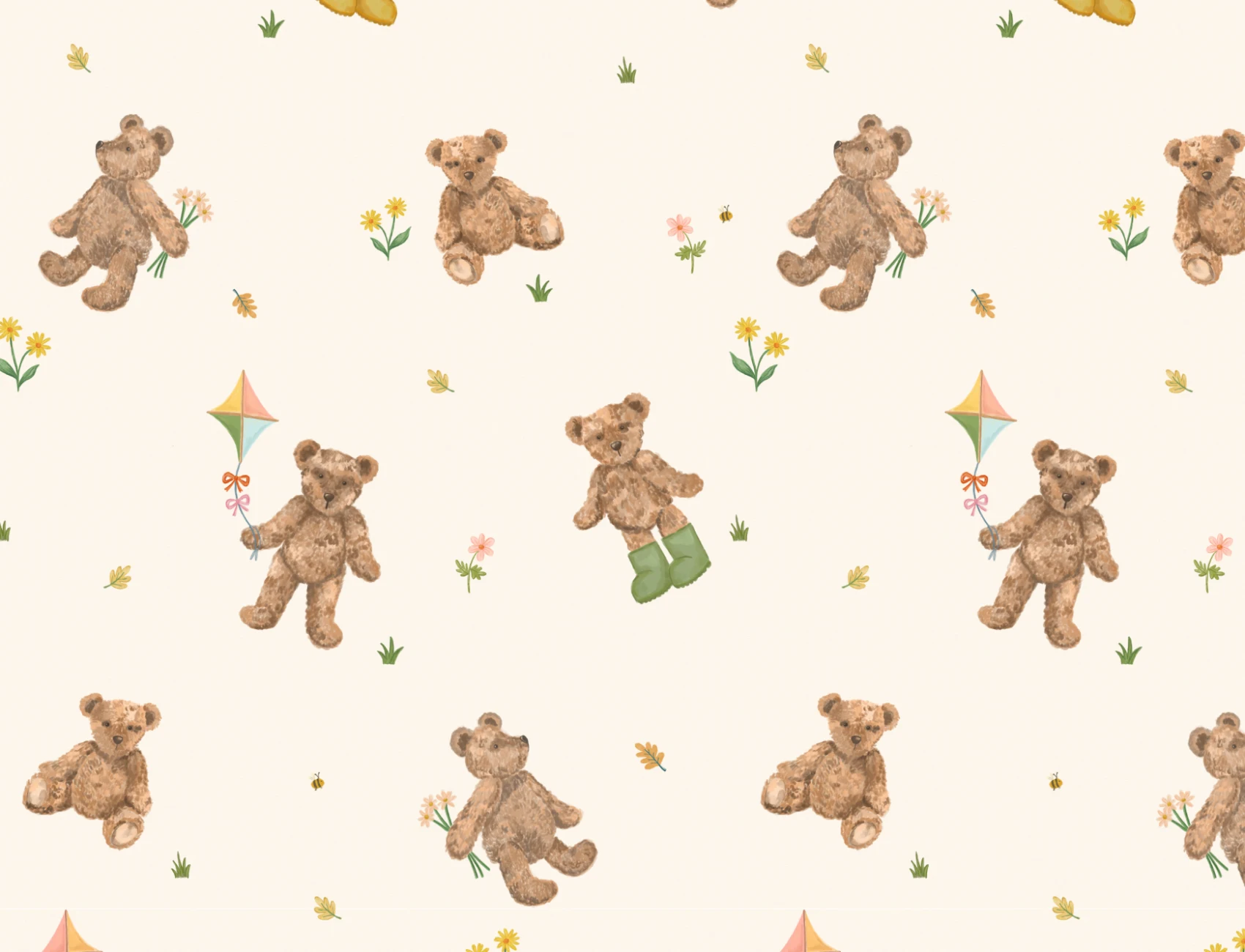 Beige Kids Cute Teddy Motif Wallpaper