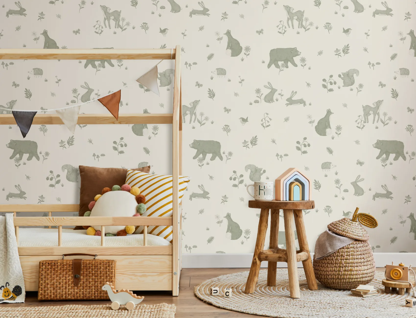 Green Kids Cute Woodland Animals Mural
