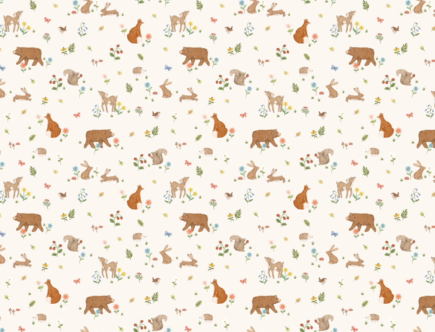 Beige Kids Cute Woodland Animals Mural