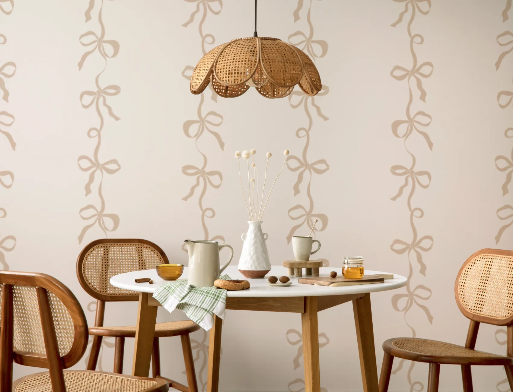 Neutral Ribbon Bow Stripes Mural