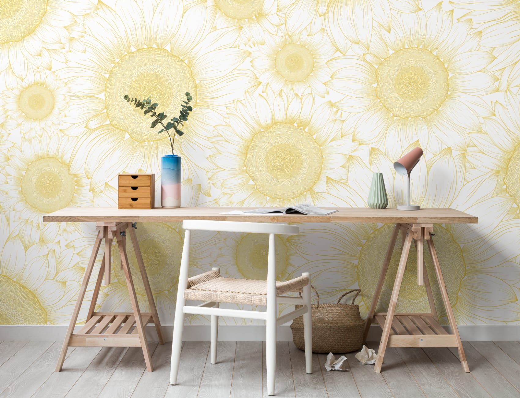 Yellow Sunflower Etch Floral Wallpaper Mural
