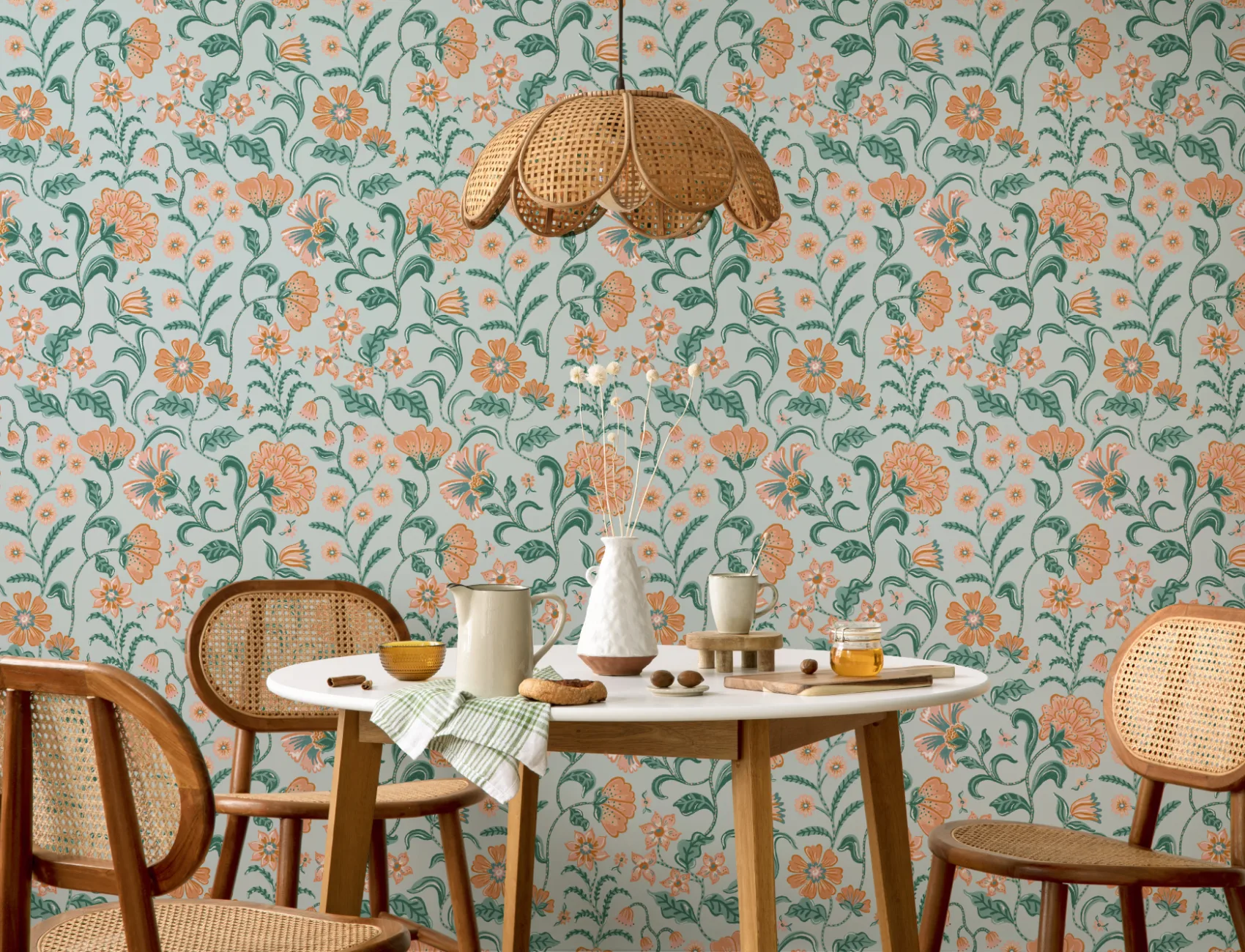 Teal Indian Style Floral Wallpaper