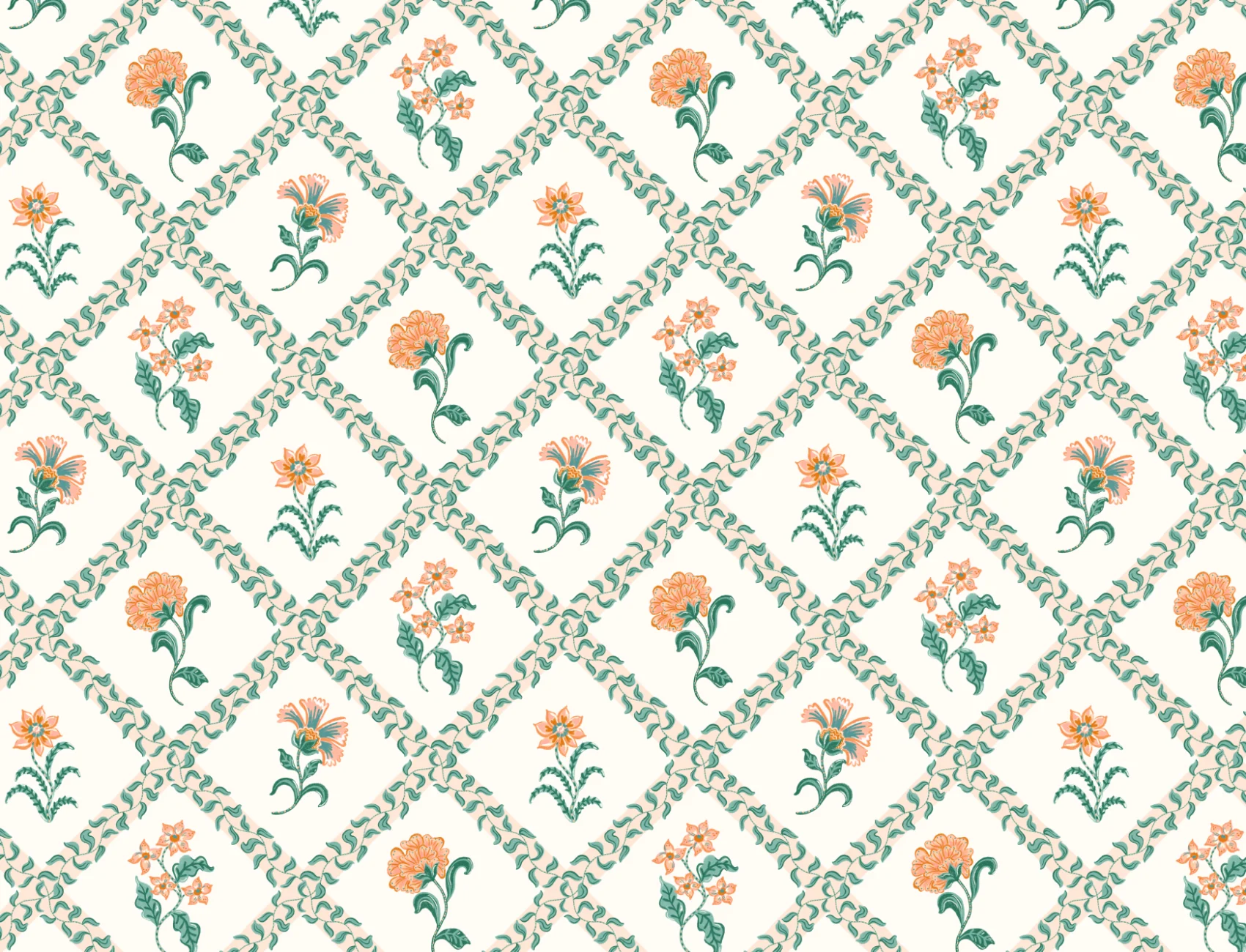 Classic Block Print Botanical Trellis Mural
