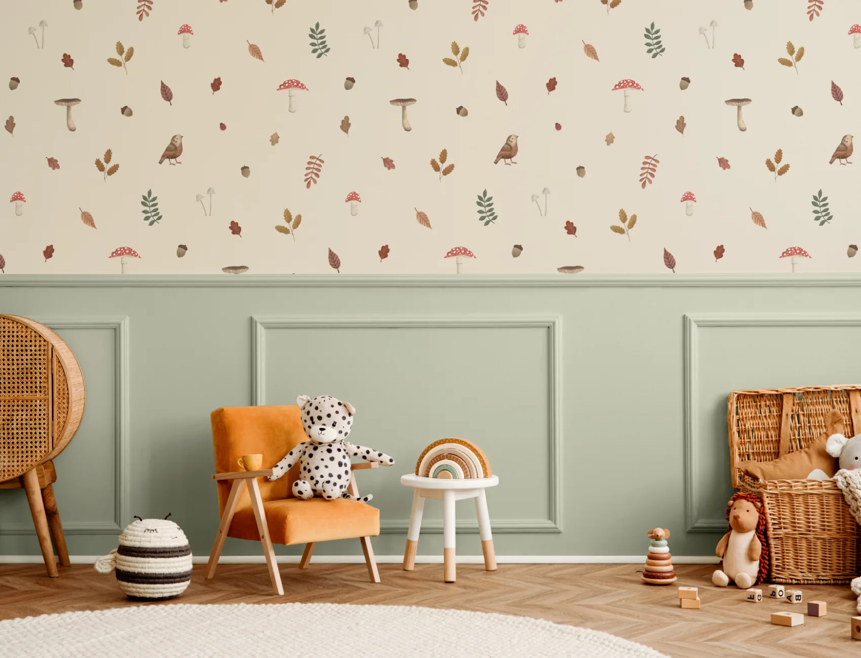 Murale pentru copii Beige Woodland Birds, Mushroom & Leaves