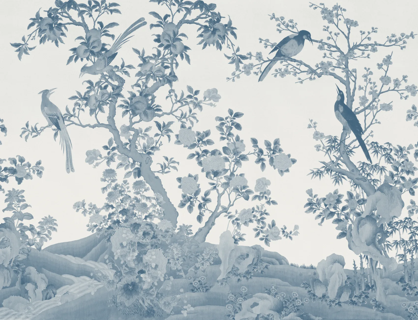 Tonal Blue Chinoiserie Vintage Garden Scene Mural