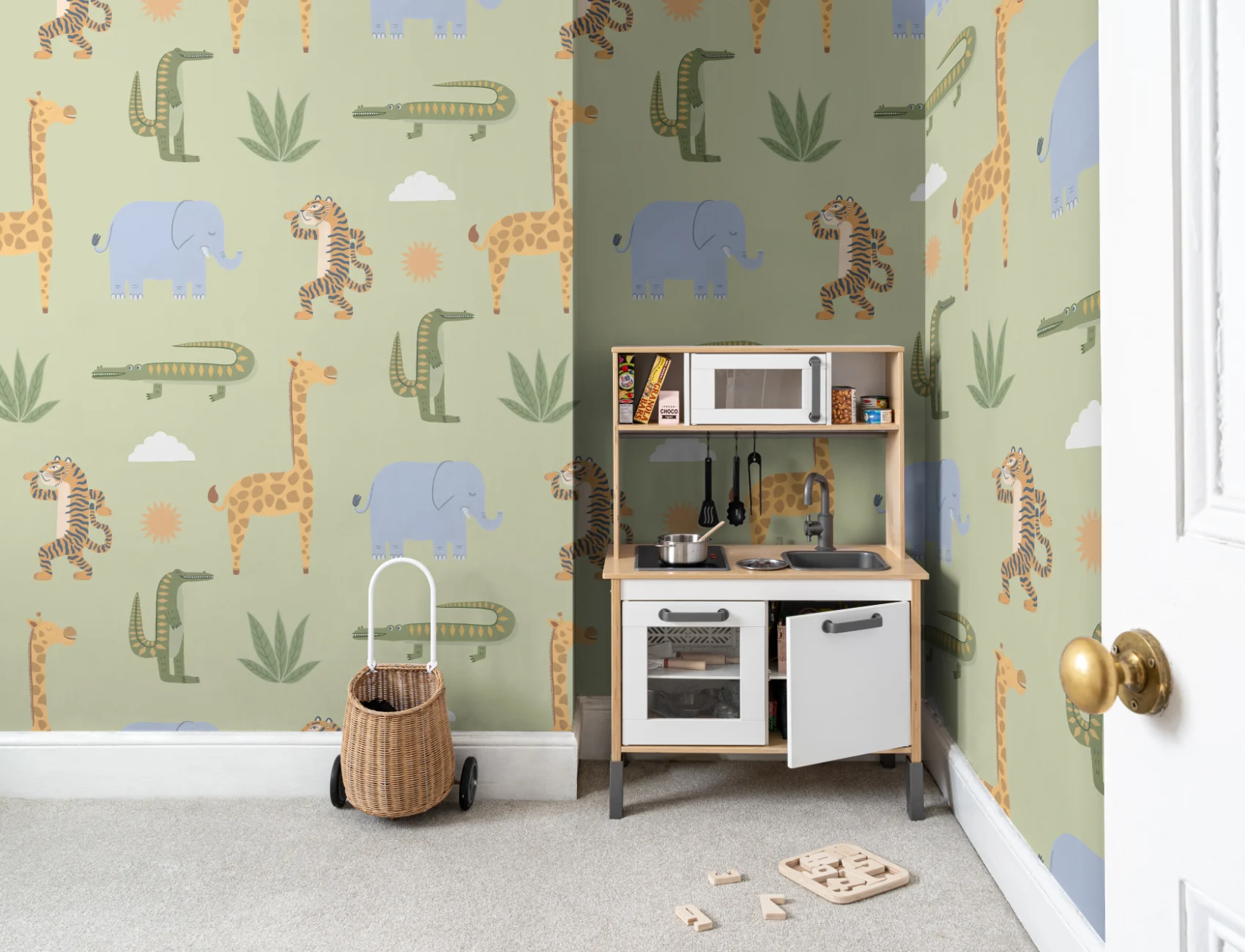 Green Kids Playful Jungle Animals Mural