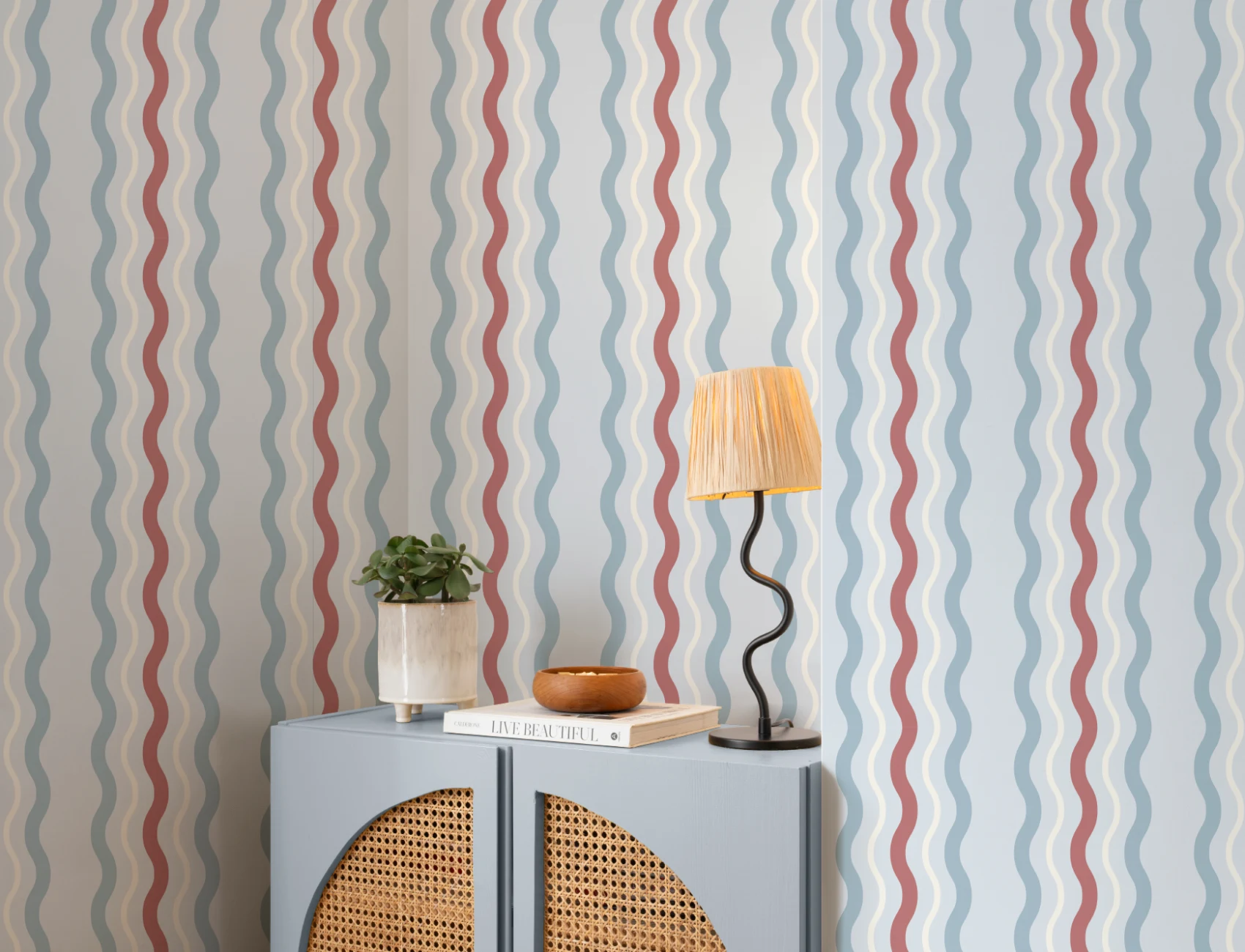 Blue & Red Wavy Ric Rac Striped Wallpaper