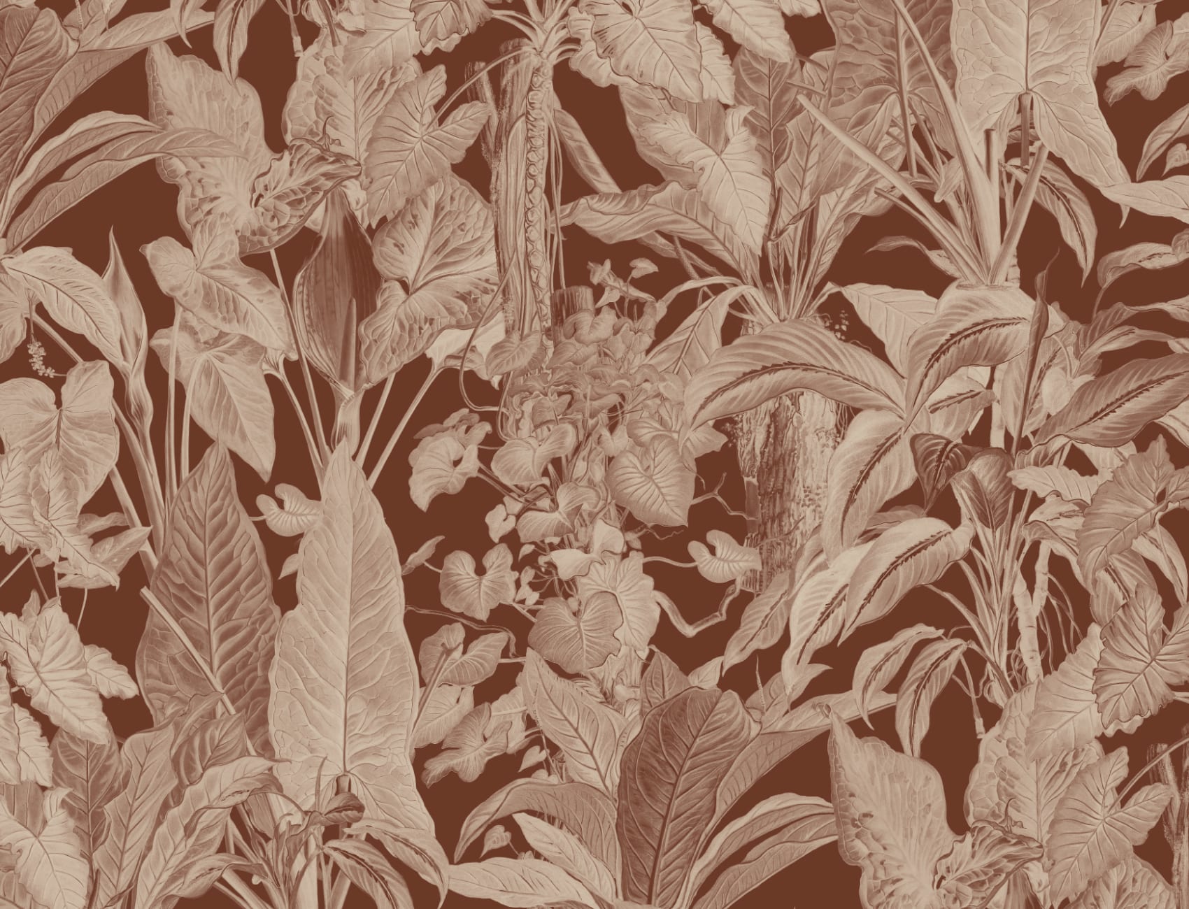 Brown Tropical Illustrated Leafy Plants Mural
