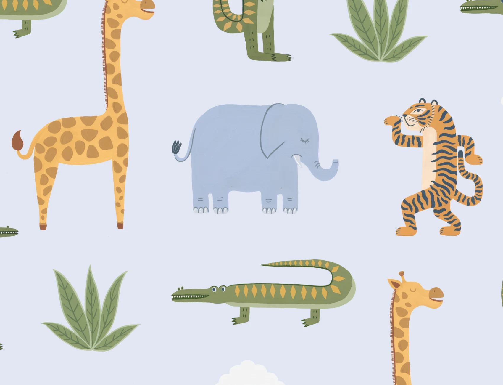 Blue Kids Playful Jungle Animals Mural