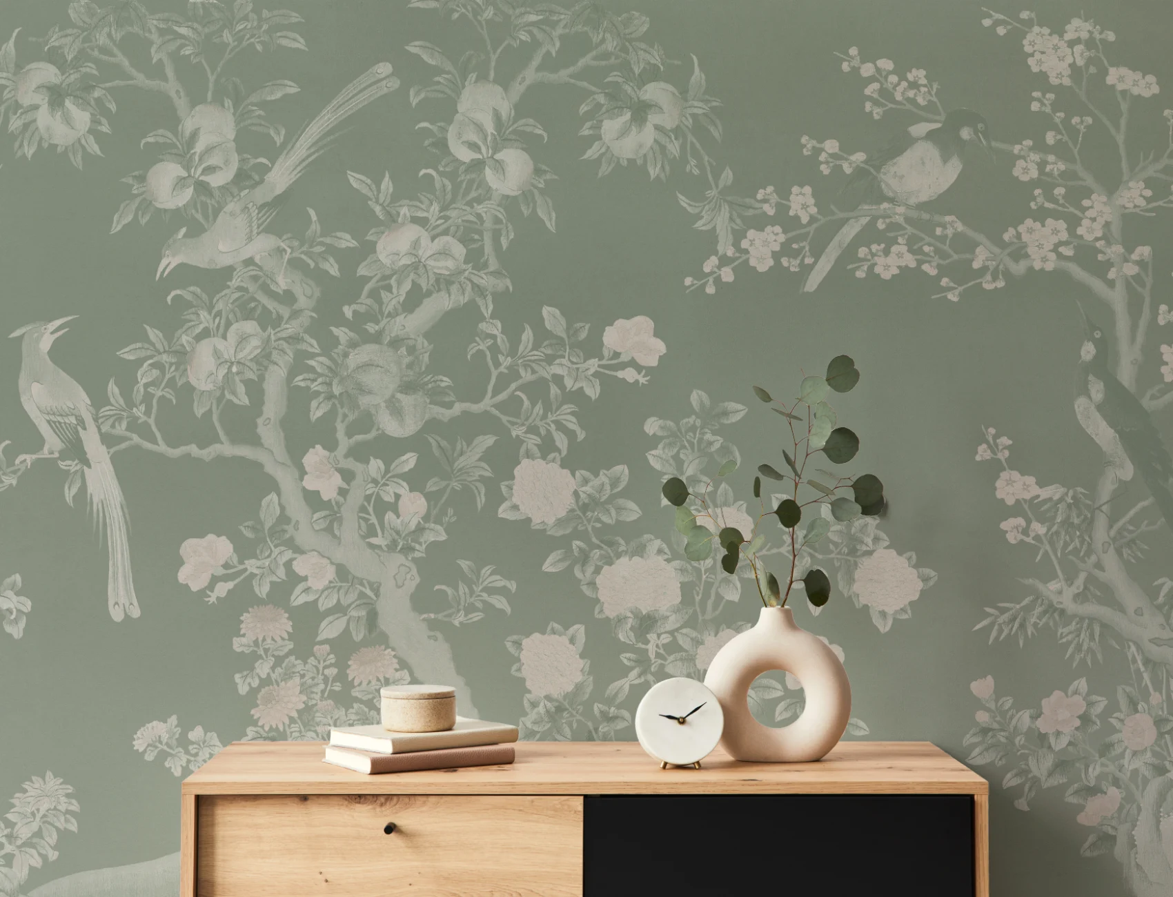 Papier peint panoramique vert Chinoiserie Vintage Garden Scene